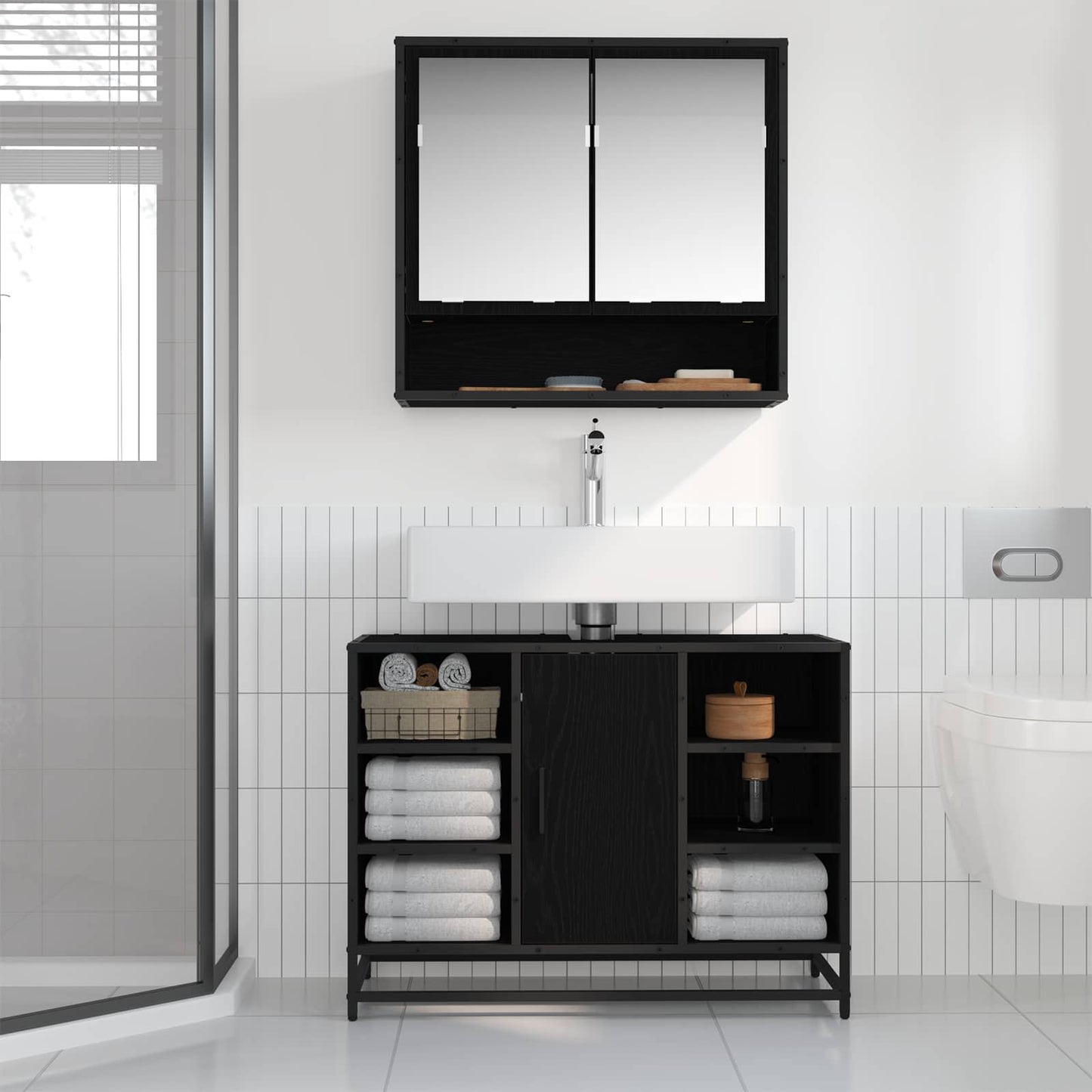 Set di mobili per il bagno 2 pcs Rovere Nero Legno multistrato | homemem39