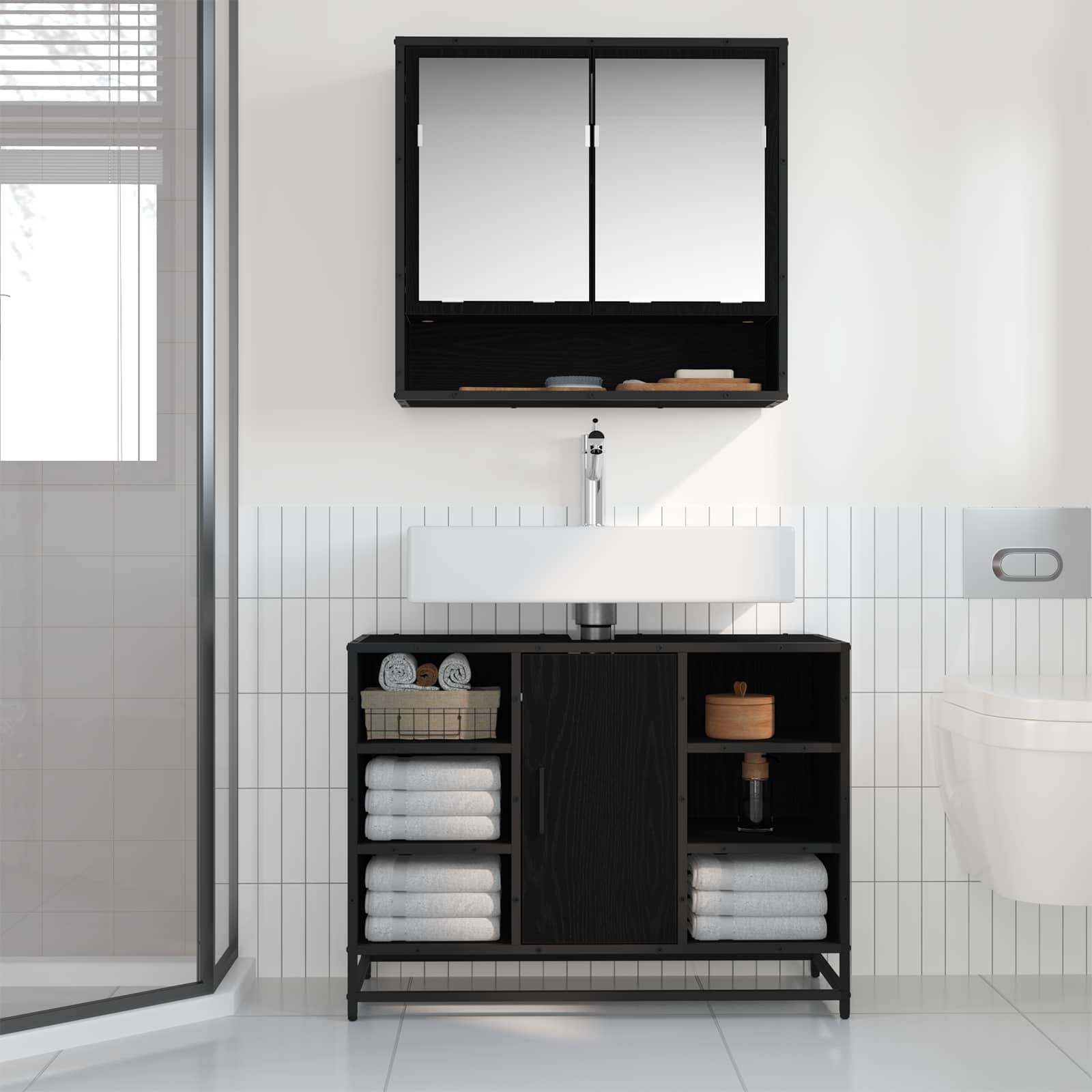 Set di mobili per il bagno 2 pcs Rovere Nero Legno multistrato | homemem39
