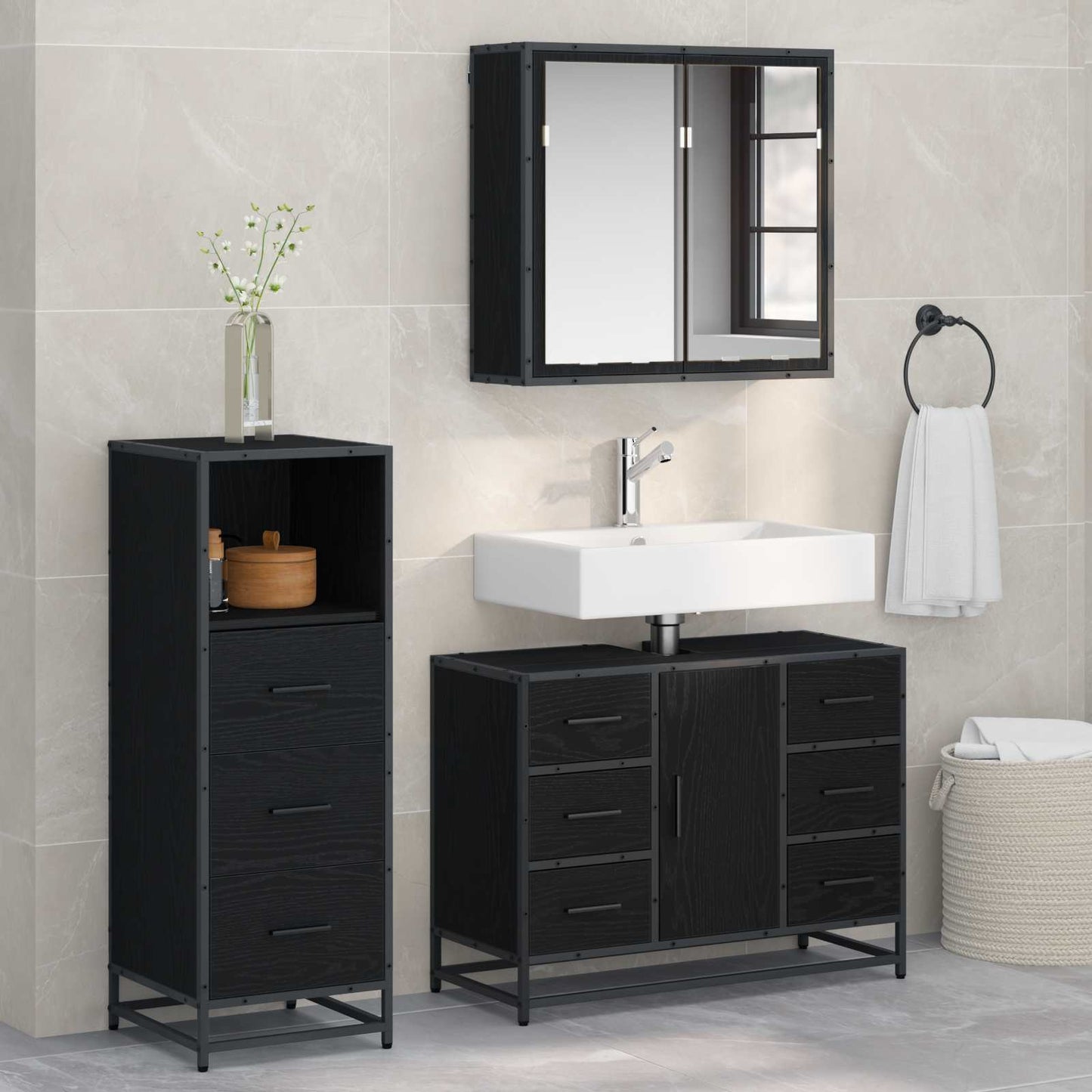 Set di mobili per il bagno 3 pcs Rovere Nero Legno multistrato | homemem39