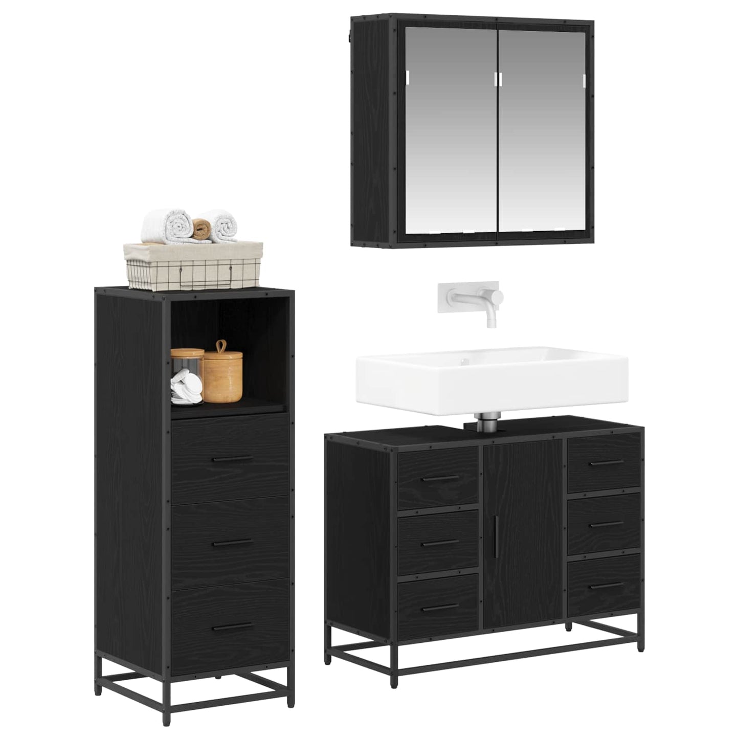 Set di mobili per il bagno 3 pcs Rovere Nero Legno multistrato | homemem39