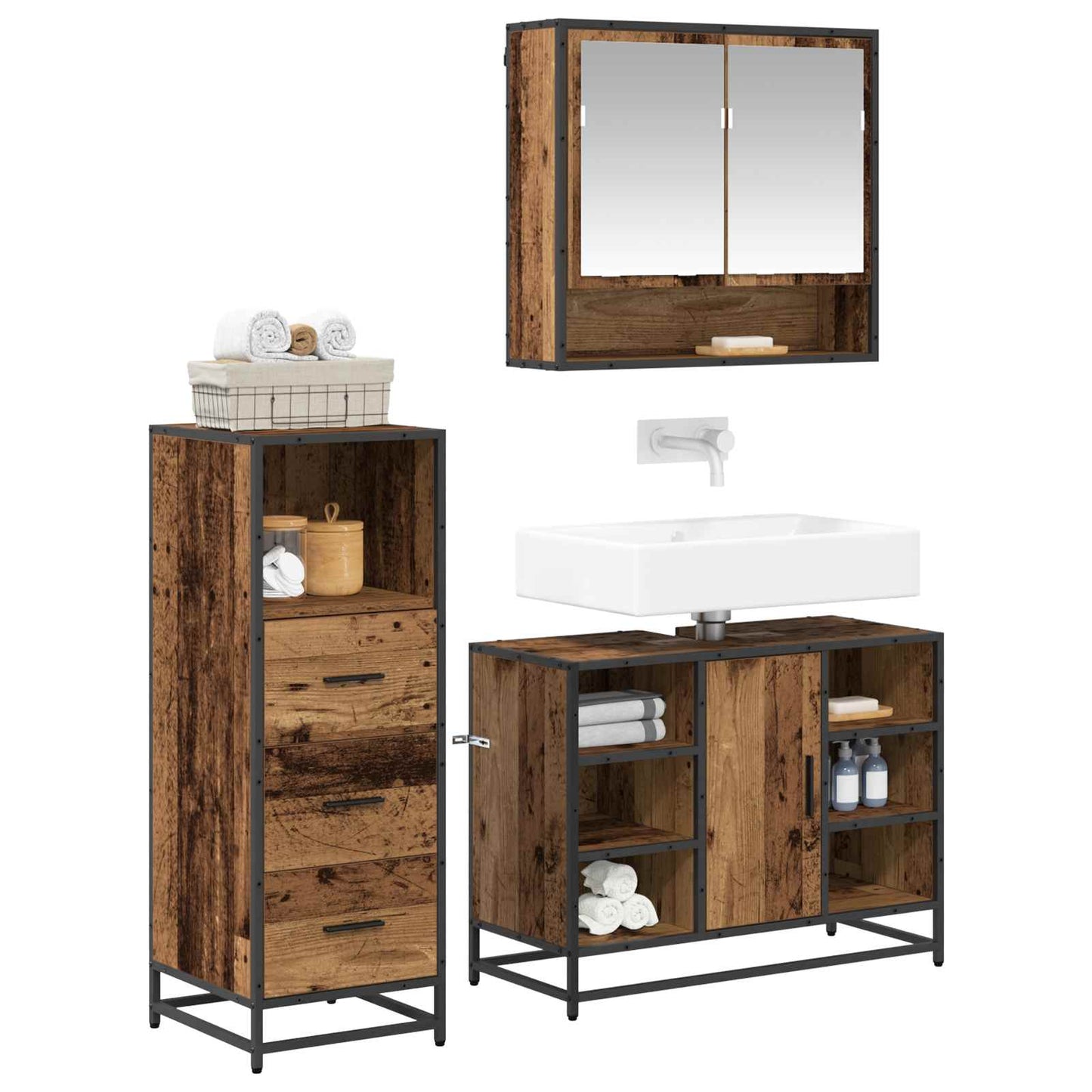 Set di mobili per il bagno con cassetto 3 pcs Legno vecchio | homemem39
