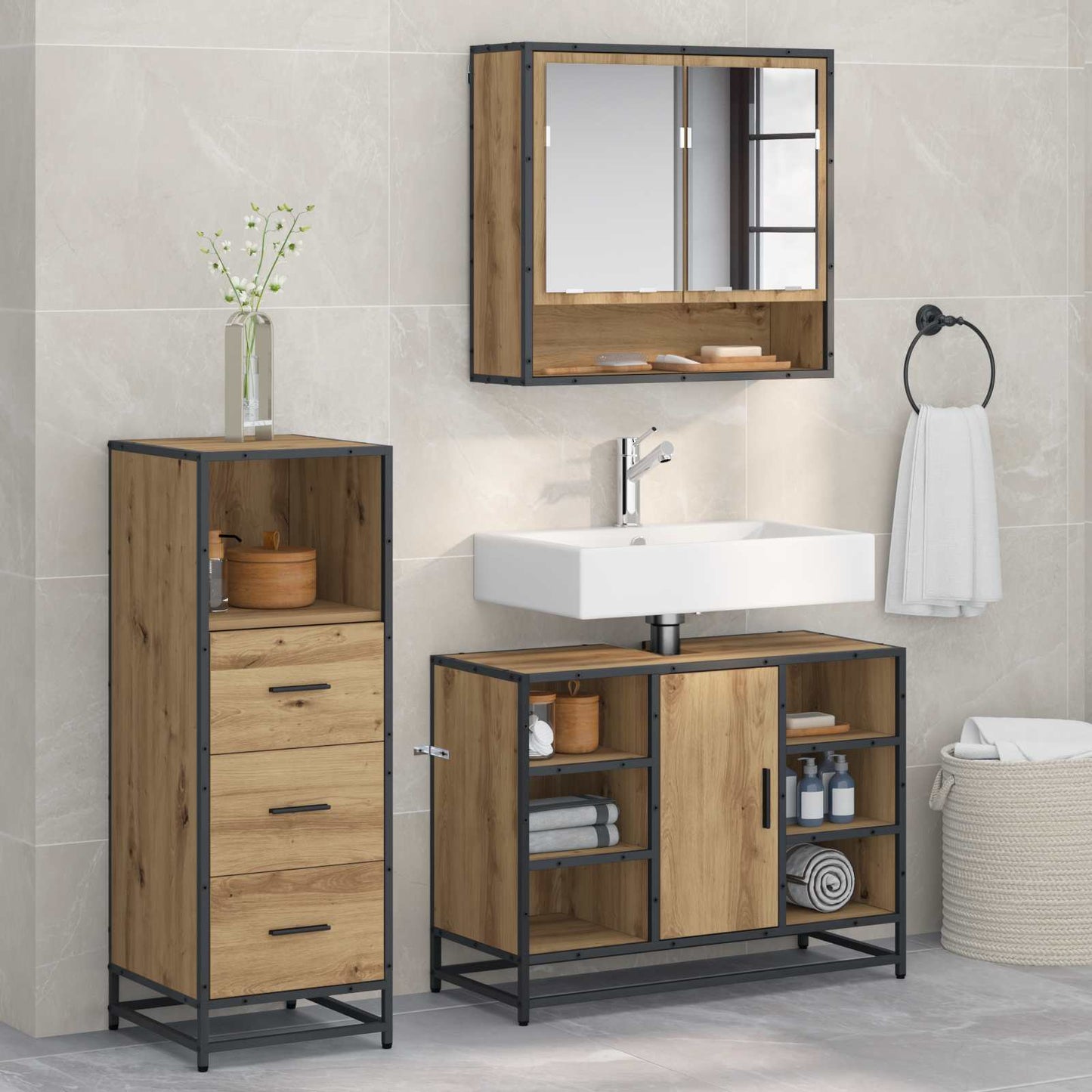 Set di mobili per il bagno 3 pz Rovere artigianale | homemem39