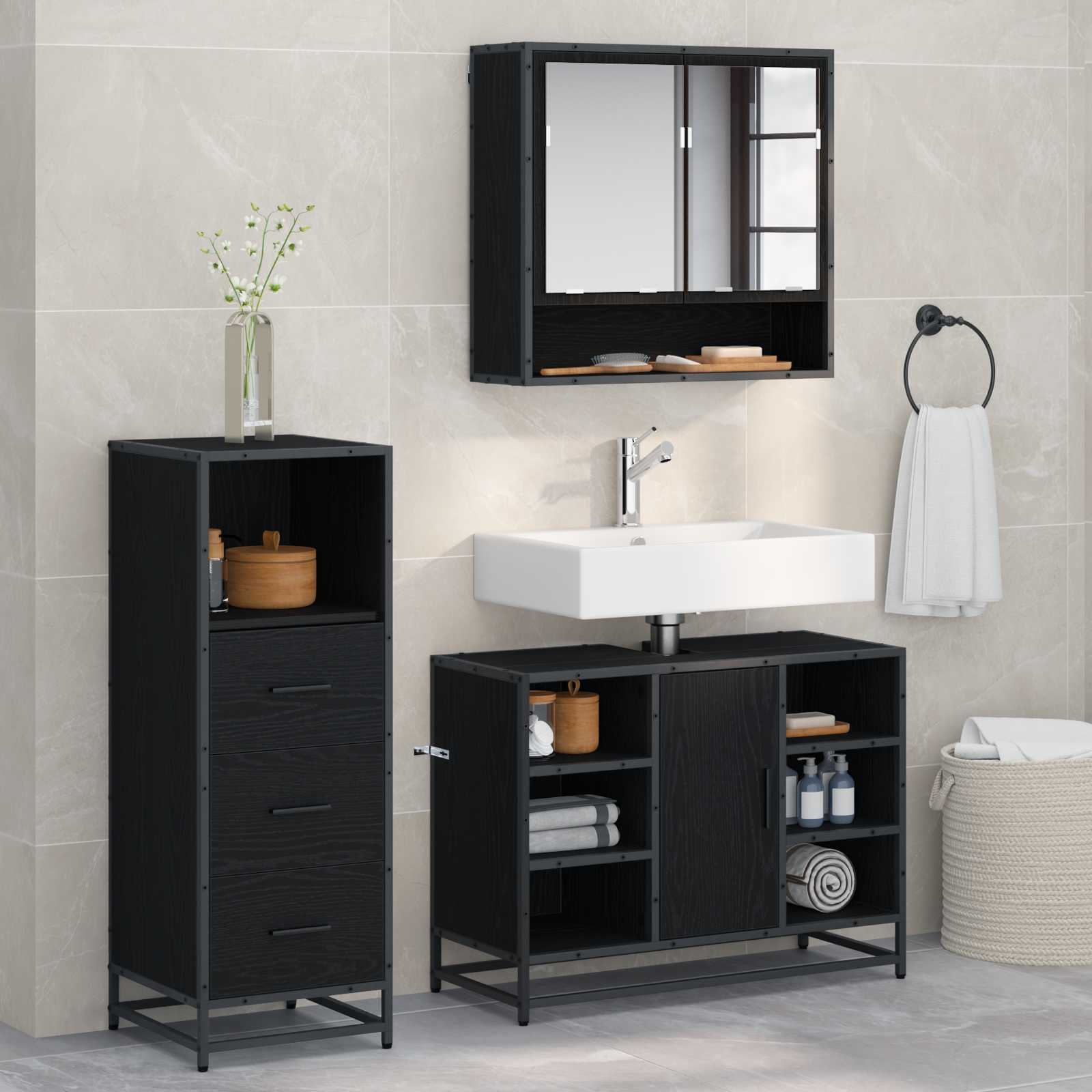Set di mobili per il bagno 3 pcs Rovere Nero Legno multistrato | homemem39