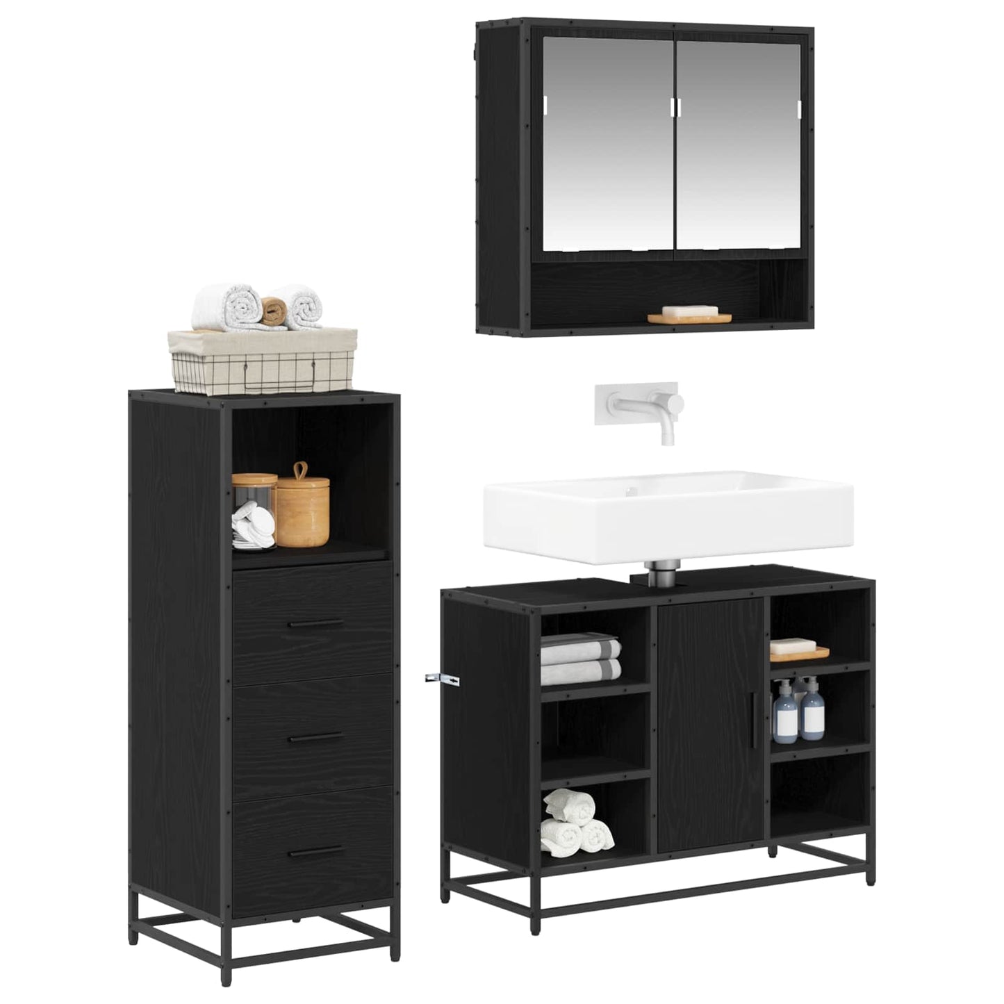 Set di mobili per il bagno 3 pcs Rovere Nero Legno multistrato | homemem39