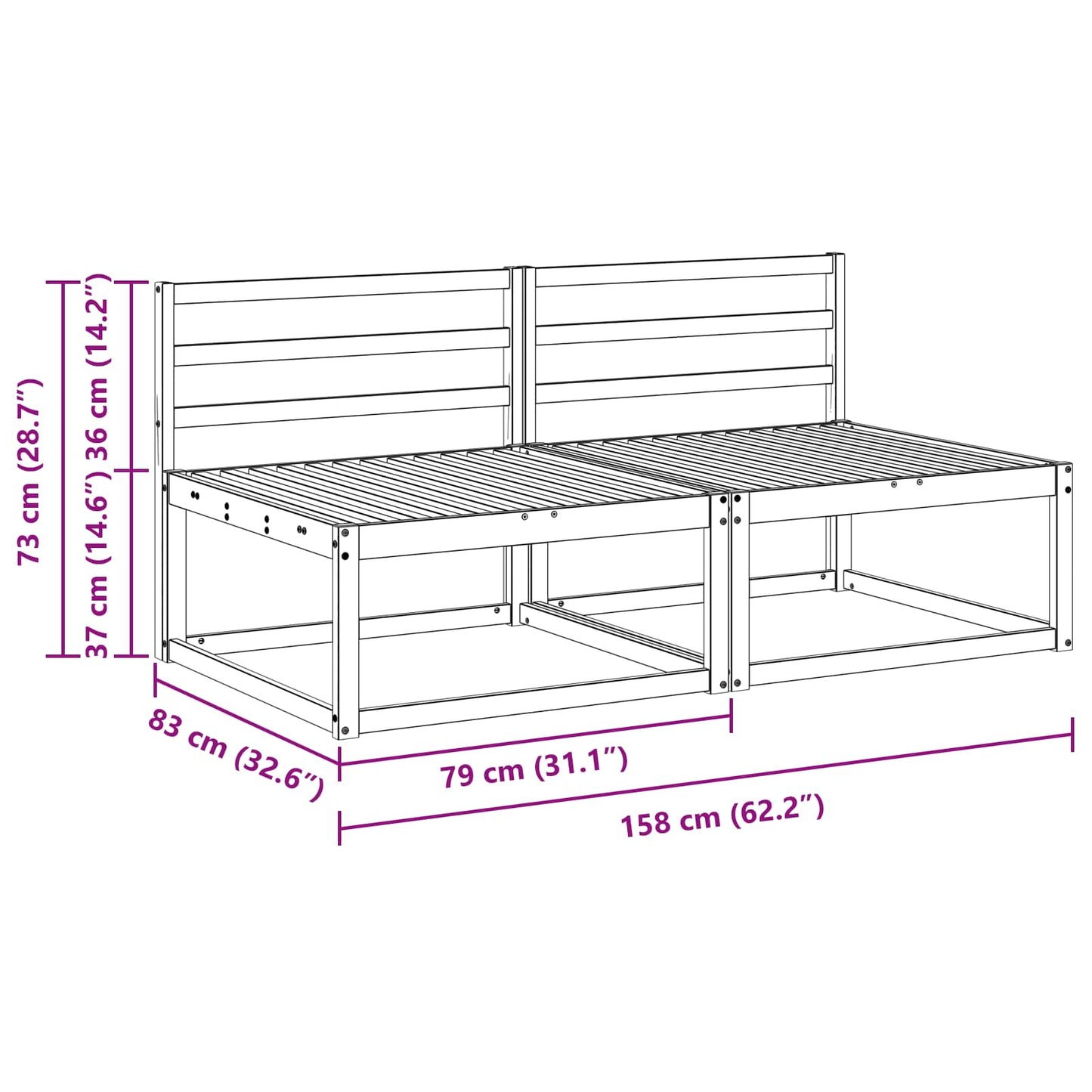 2 Pezzo Divano centrale per esterno Naturale 158 x 83 x 73 cm | homemem39