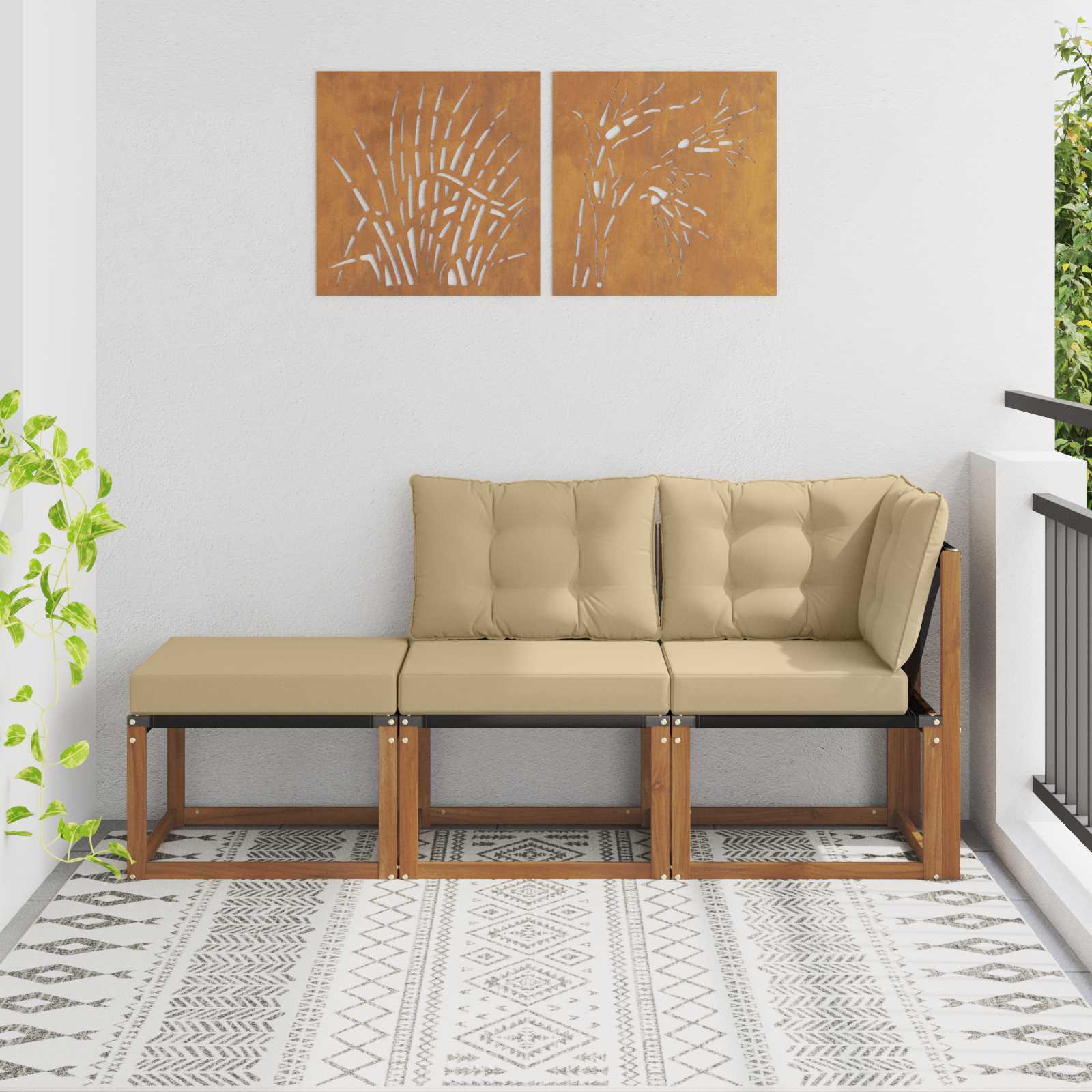 Divano modulare da esterno con cuscino 3 Pezzo Naturale e Beige | homemem39