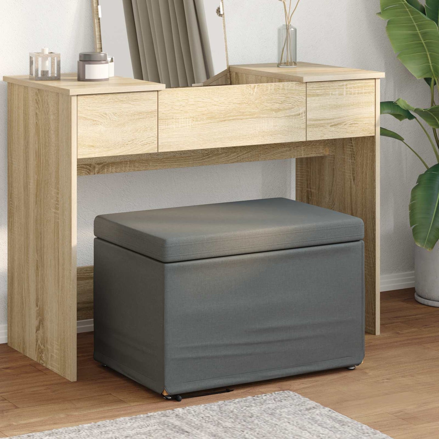 Pouf Grigio scuro Tessuto e Legno Ingegnerizzato