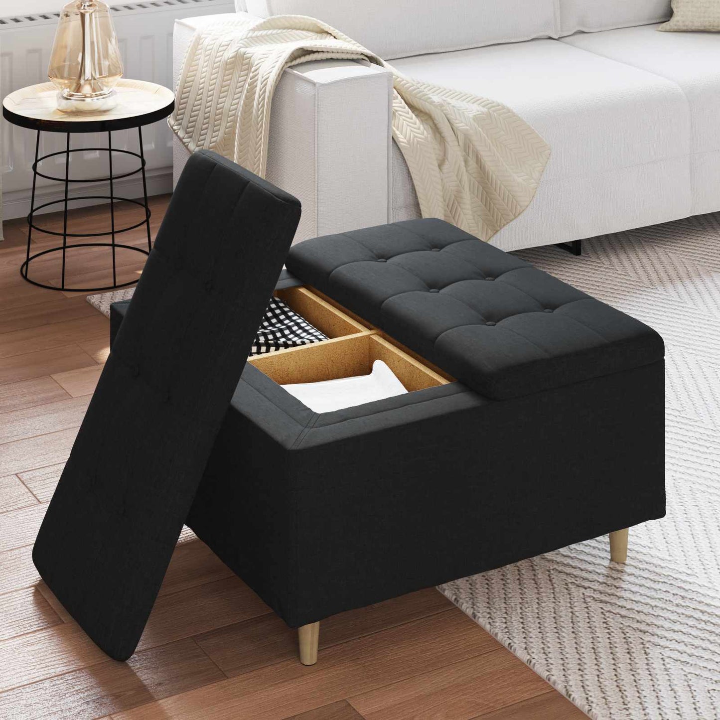 Pouf contenitore con cuscino Nero 80 x 80 x 45 cm Tessuto - homemem39