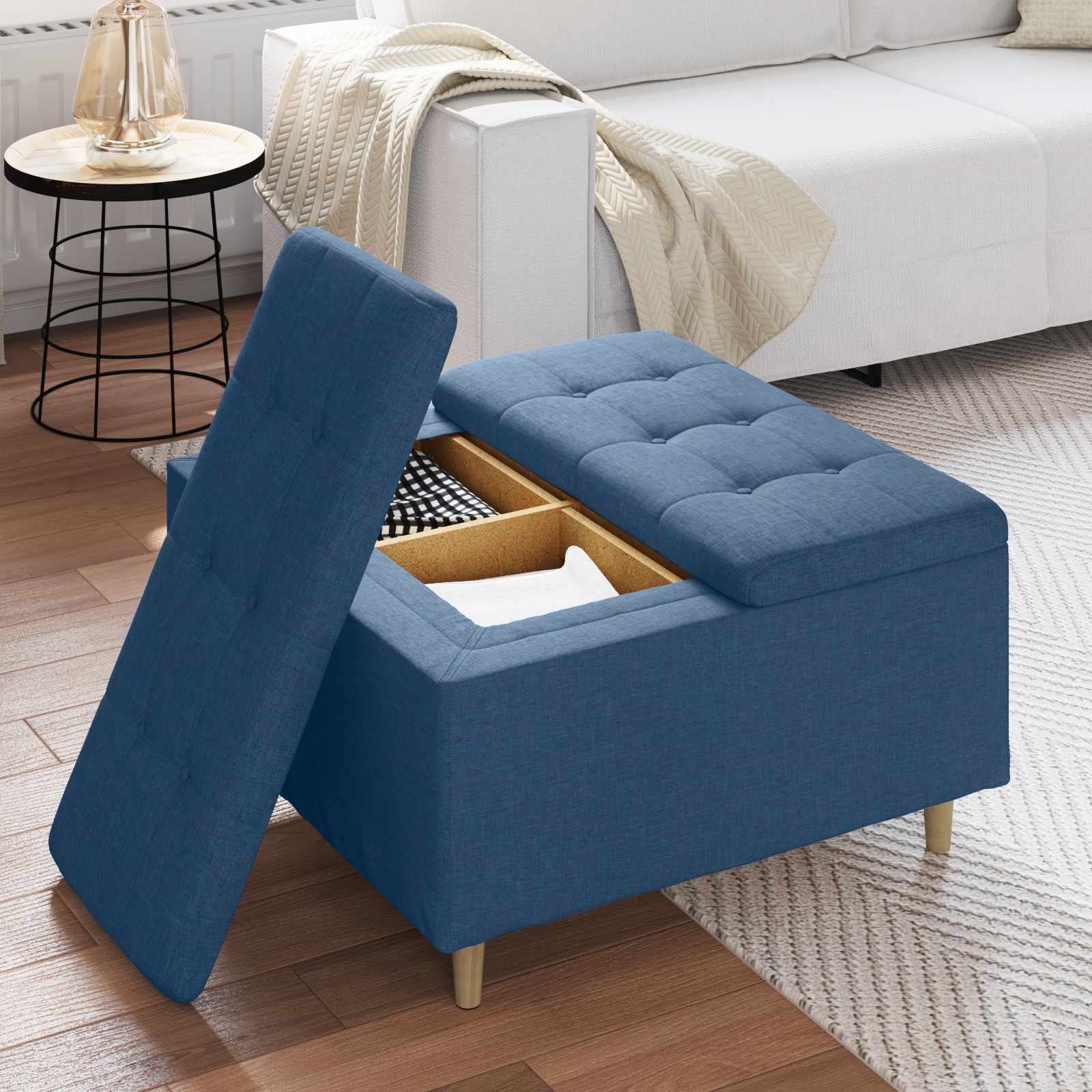 Pouf contenitore con cuscino Blu 80 x 80 x 45 cm Tessuto | homemem39