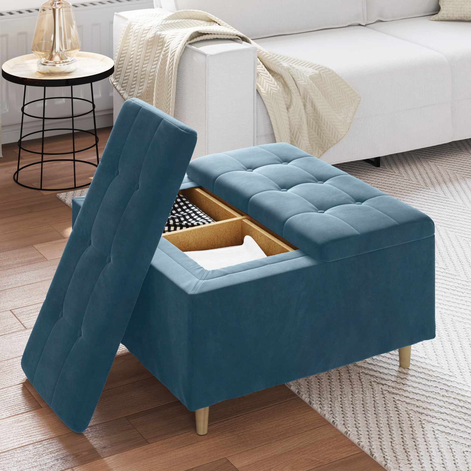 Pouf contenitore con cuscino Blu 80 x 80 x 45 cm Velluto | homemem39