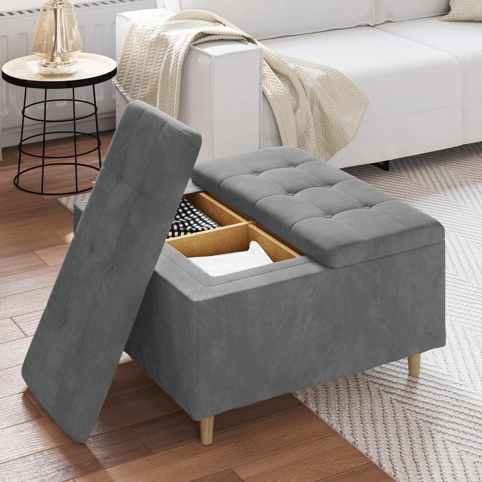 Pouf contenitore Grigio scuro 80 x 80 x 45 cm Velluto | homemem39