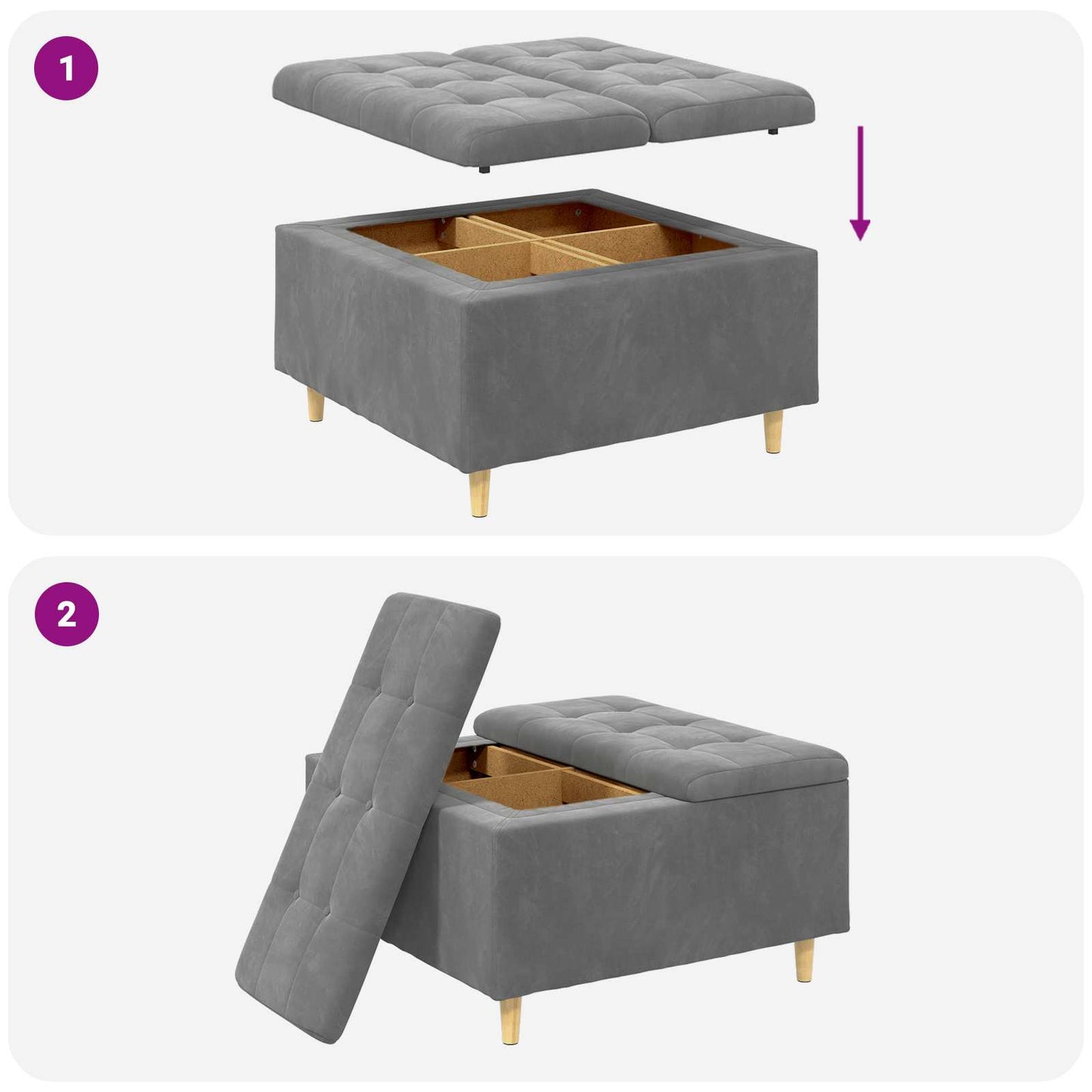 Pouf contenitore Grigio scuro 80 x 80 x 45 cm Velluto | homemem39