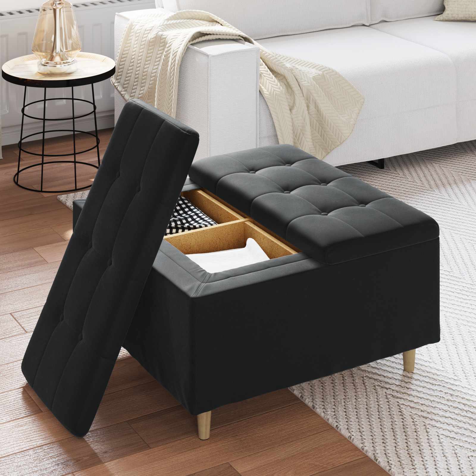 Pouf contenitore con cuscino Nero 80 x 80 x 45 cm Velluto | homemem39