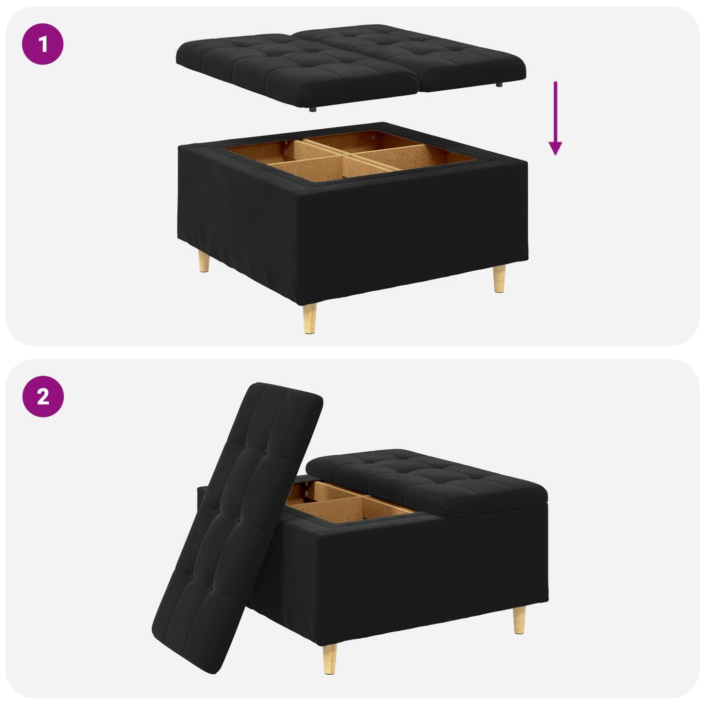 Pouf contenitore con cuscino Nero 80 x 80 x 45 cm Velluto | homemem39
