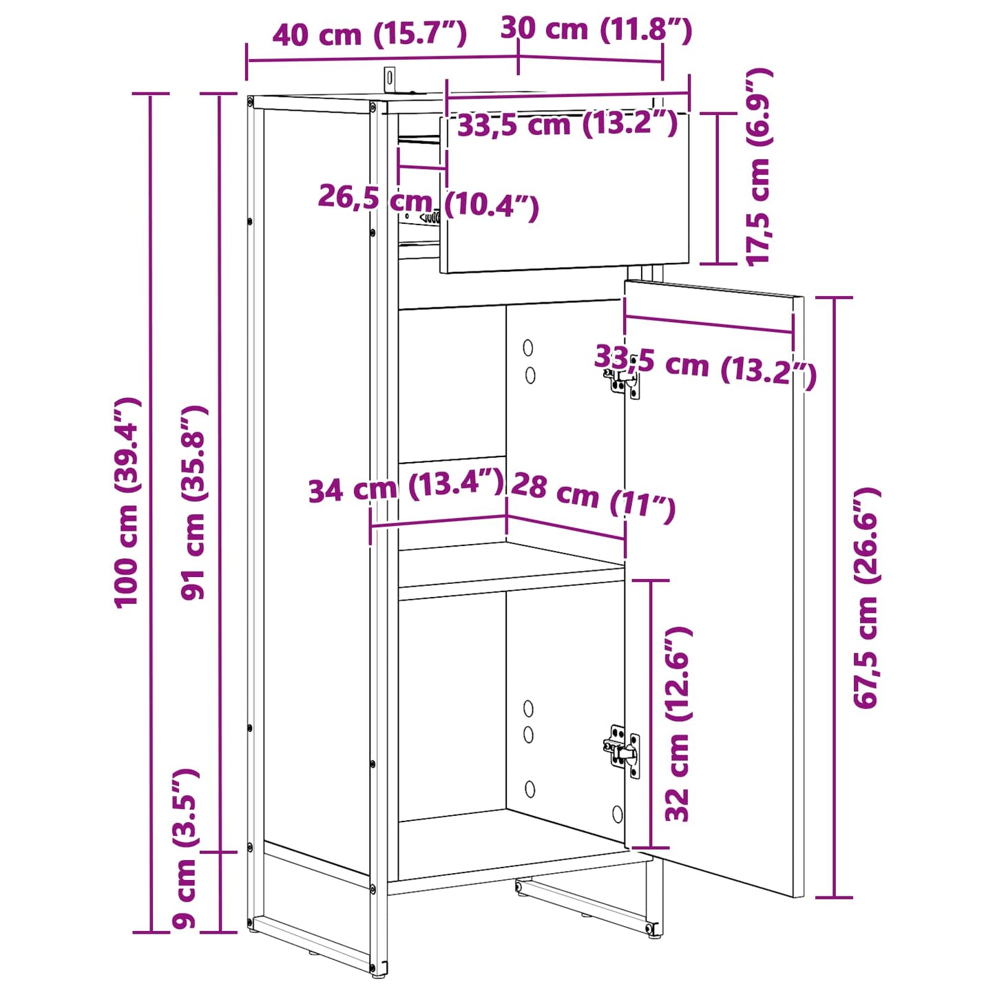 Mobile da Bagno con cassetto Legno vecchio 40 x 30 x 100 cm
