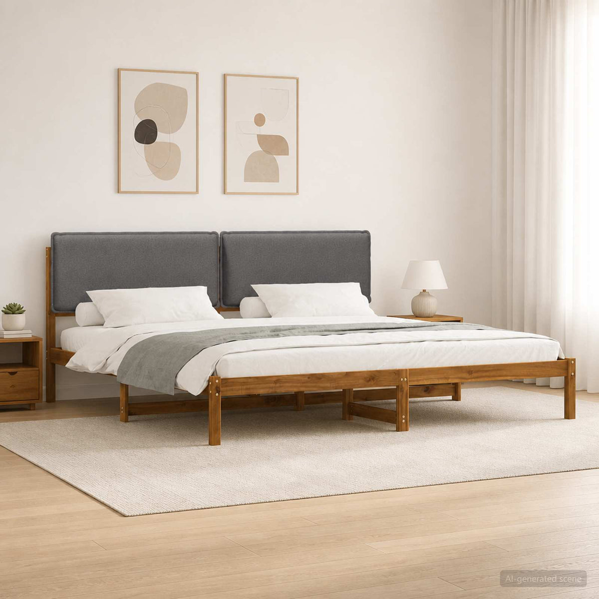 Letto con Testiera Rivestita Naturale e Grigio Chiaro | homemem39