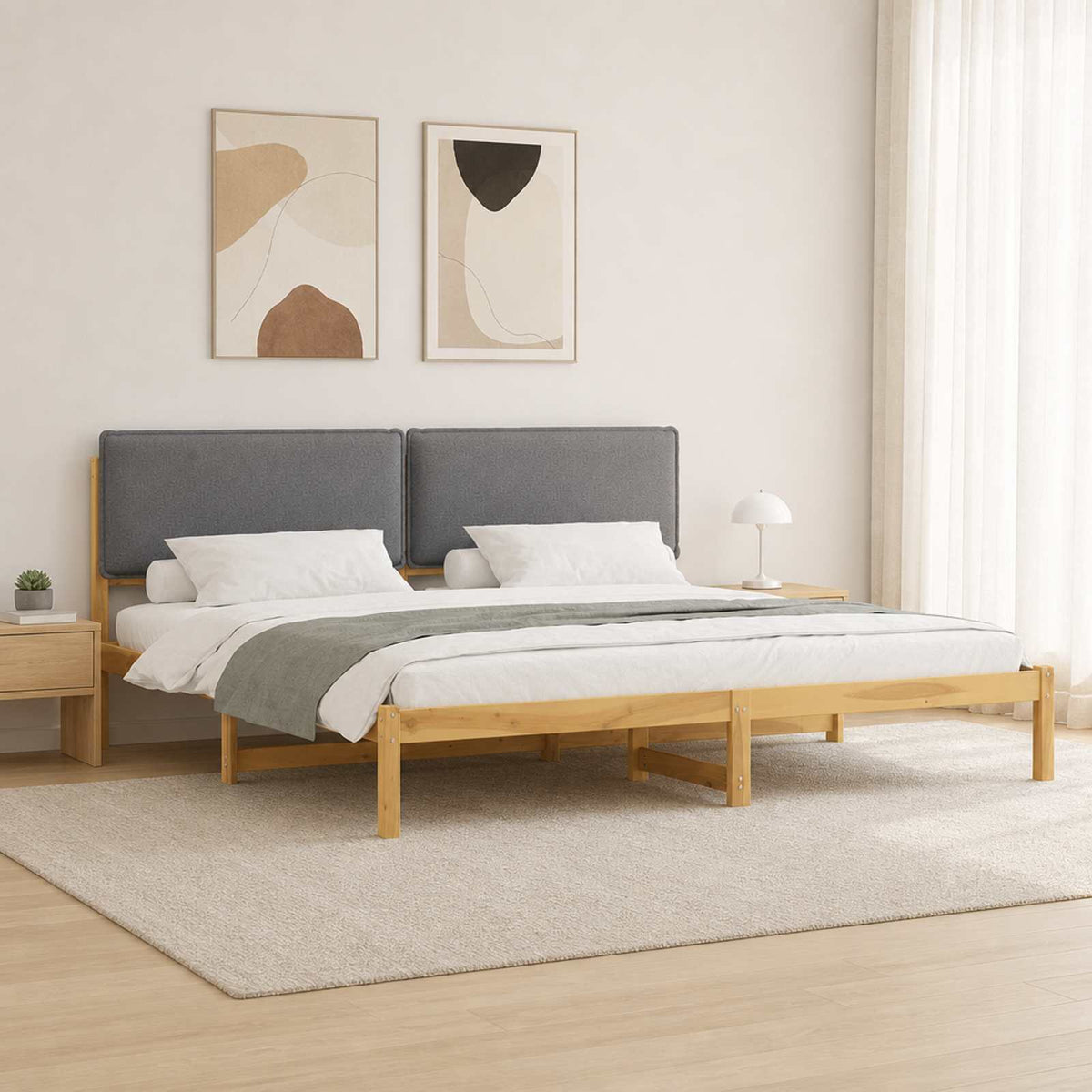Letto con Testiera Rivestita Bianco lavato e grigio chiaro