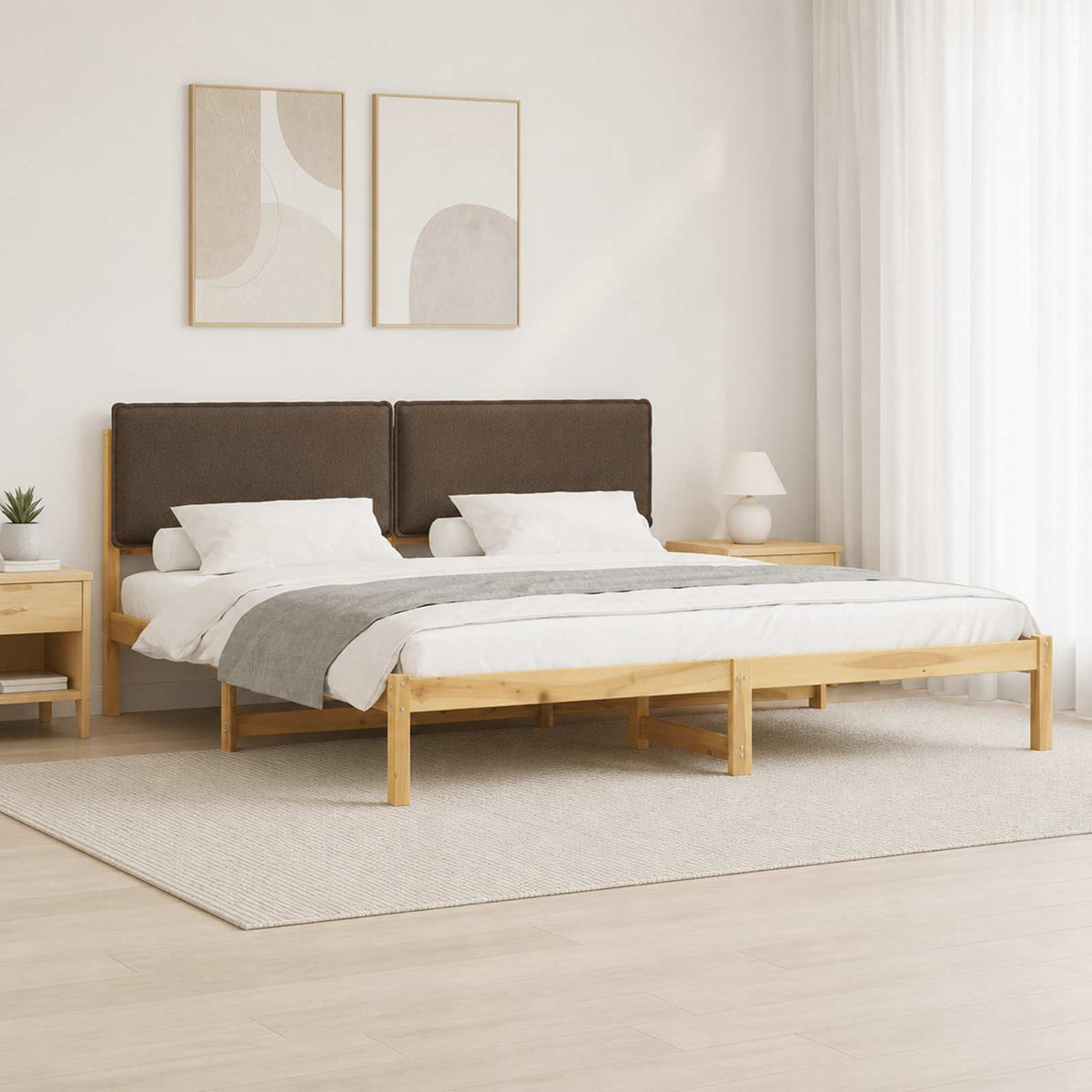 Letto con Testiera Rivestita Bianco lavato e taupe 180 x 200 cm