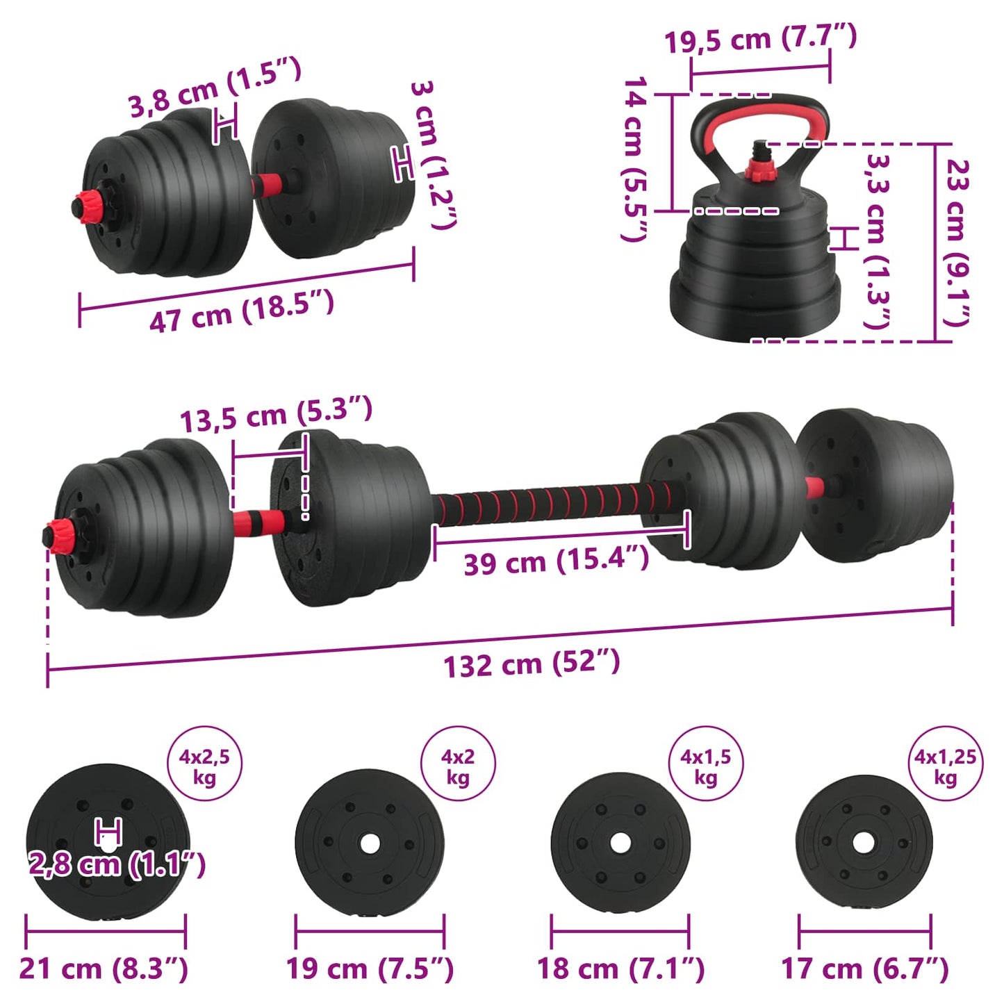 Set di manubri, bilancieri e kettlebell 4 in 1 30 kg | homemem39
