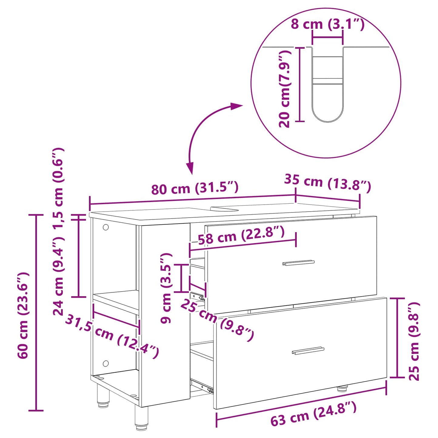 Mobiletto da bagno Nero 80 x 35 x 60 cm Legno ingegnerizzato