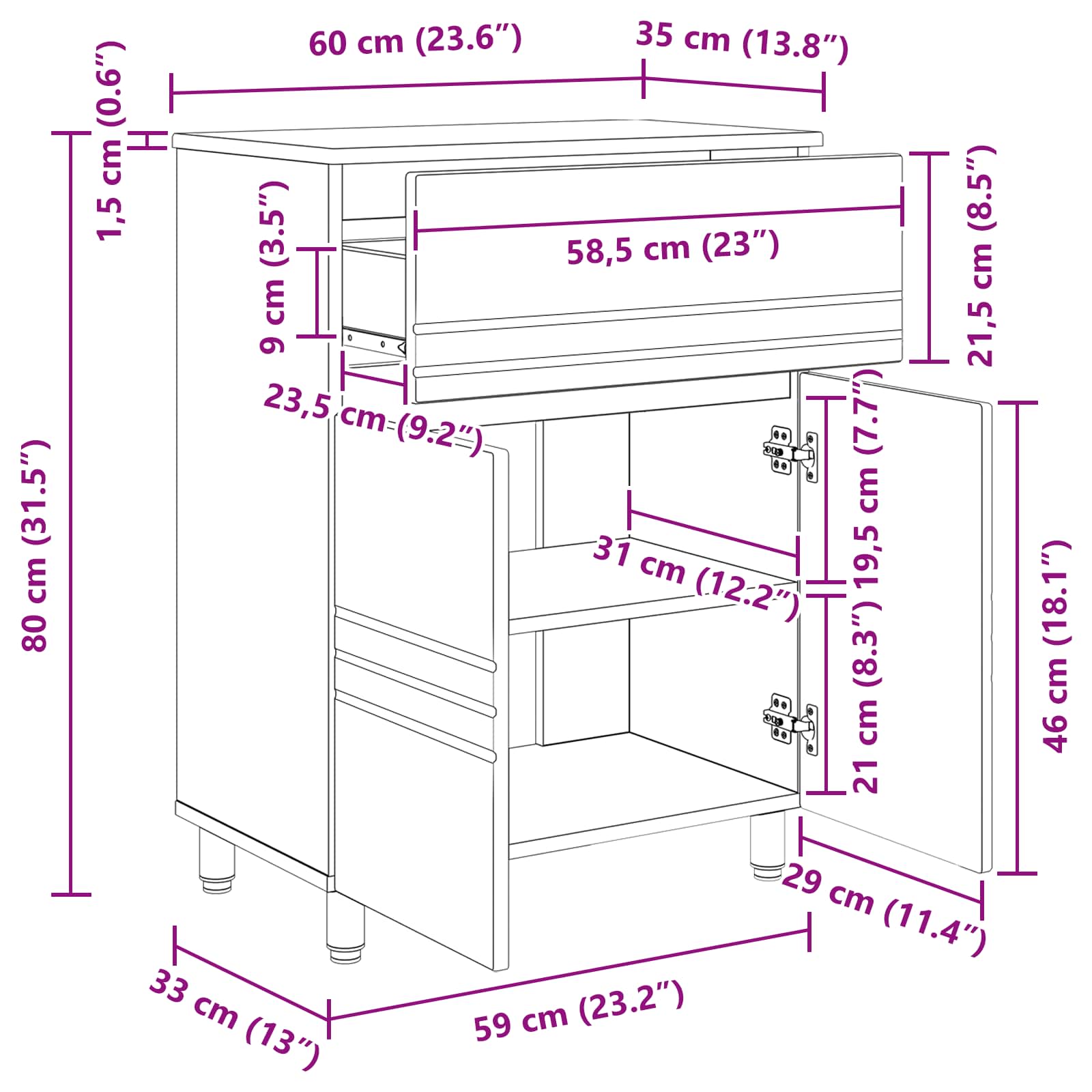 Mobiletto da bagno Legno antico 60 x 35 x 80 cm | homemem39