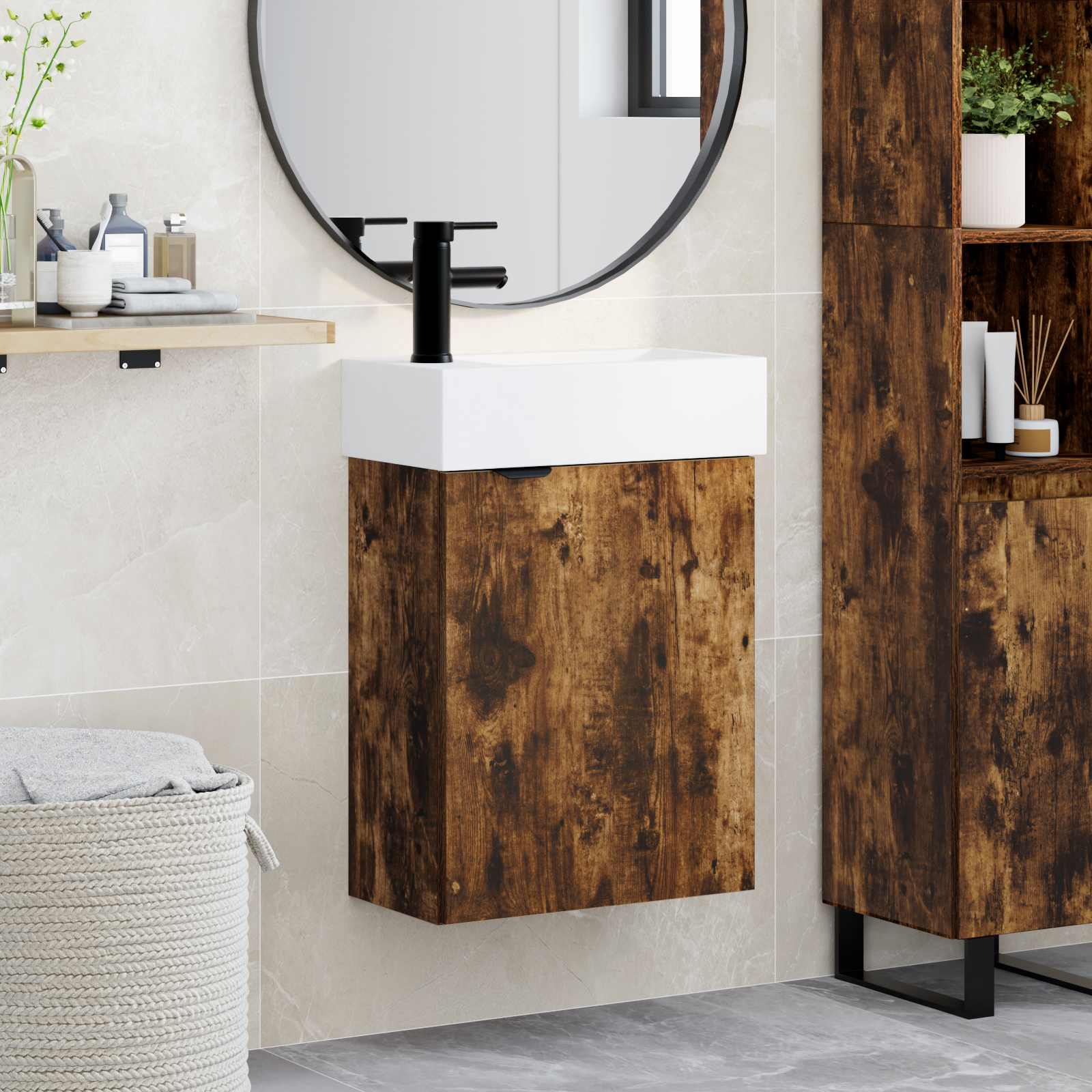Mobile bagno con rubinetto Rovere Fumo 45,5 x 22,5 x 84 cm | homemem39