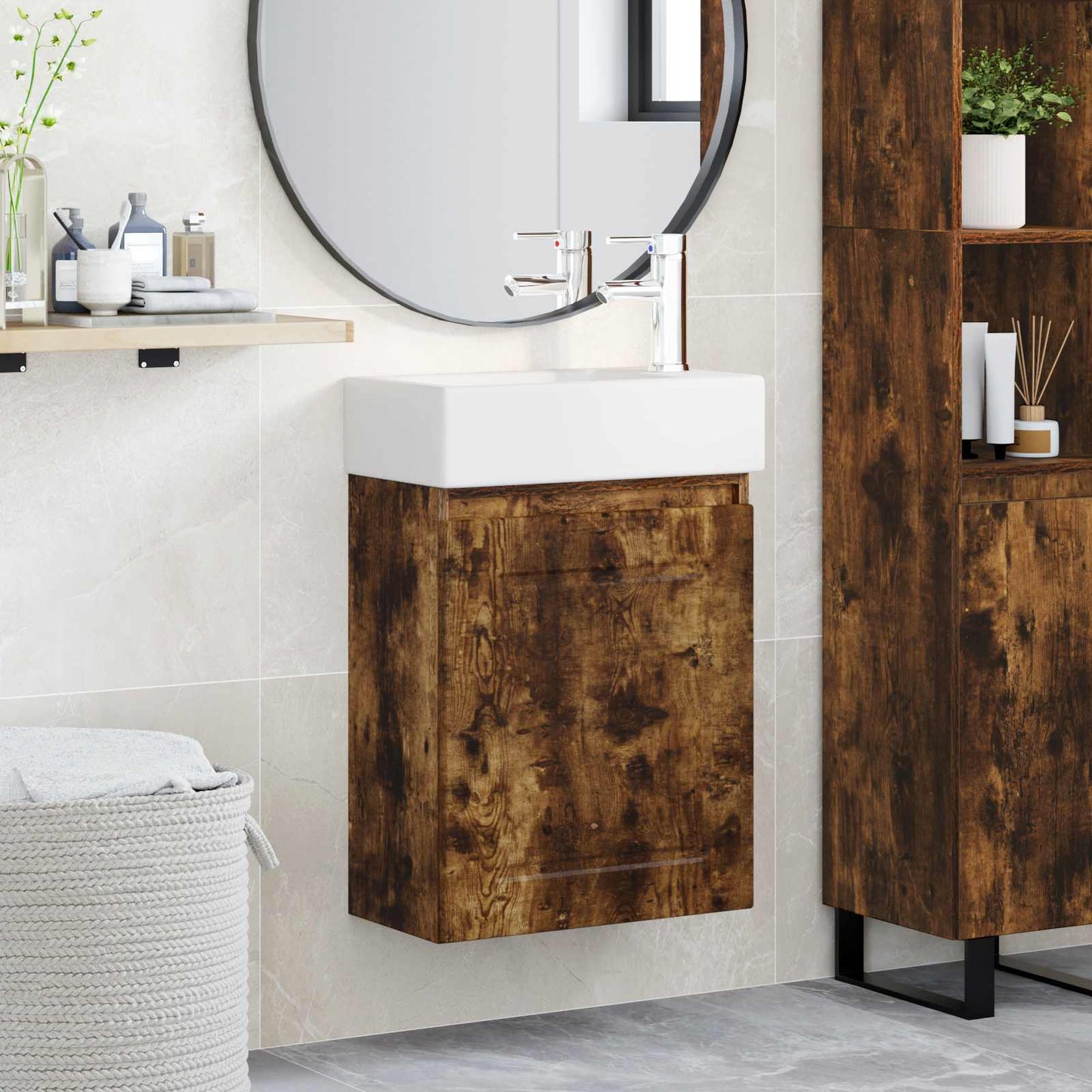 Mobile bagno con rubinetto Rovere Fumo 45,5 x 22,5 x 84 cm | homemem39