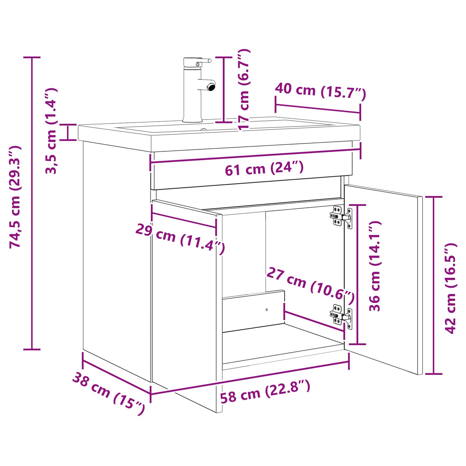 Mobile bagno con rubinetto Rovere Artigianale 61 x 40 x 74,5 cm | homemem39