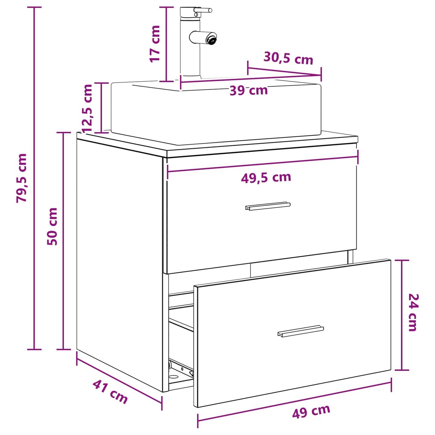 Mobile Lavabo da Parete Rovere Nero 49,5 x 41 x 62,5 cm | homemem39