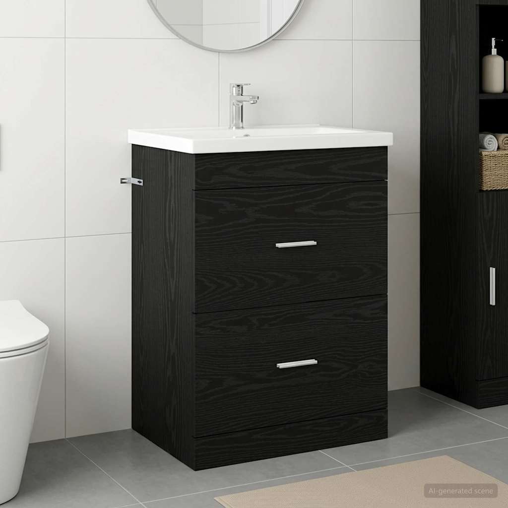 Mobiletto da Bagno Sotto Lavabo Rovere Nero 56 x 37,5 x 81 cm
