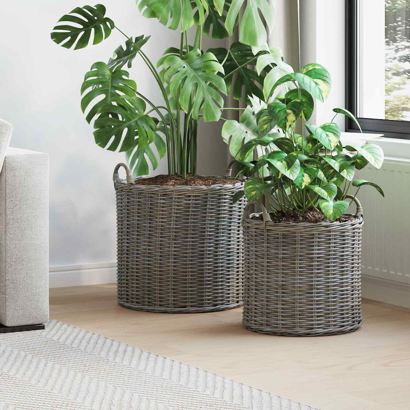 Cestino per piante con archiviazione 2 pcs Grigio Rattan Lacak | homemem39