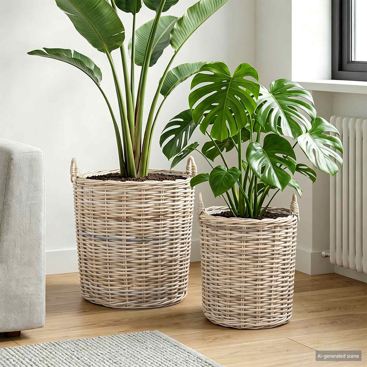 Cestino per piante 2 pz Grigio naturale Rattan Kubu