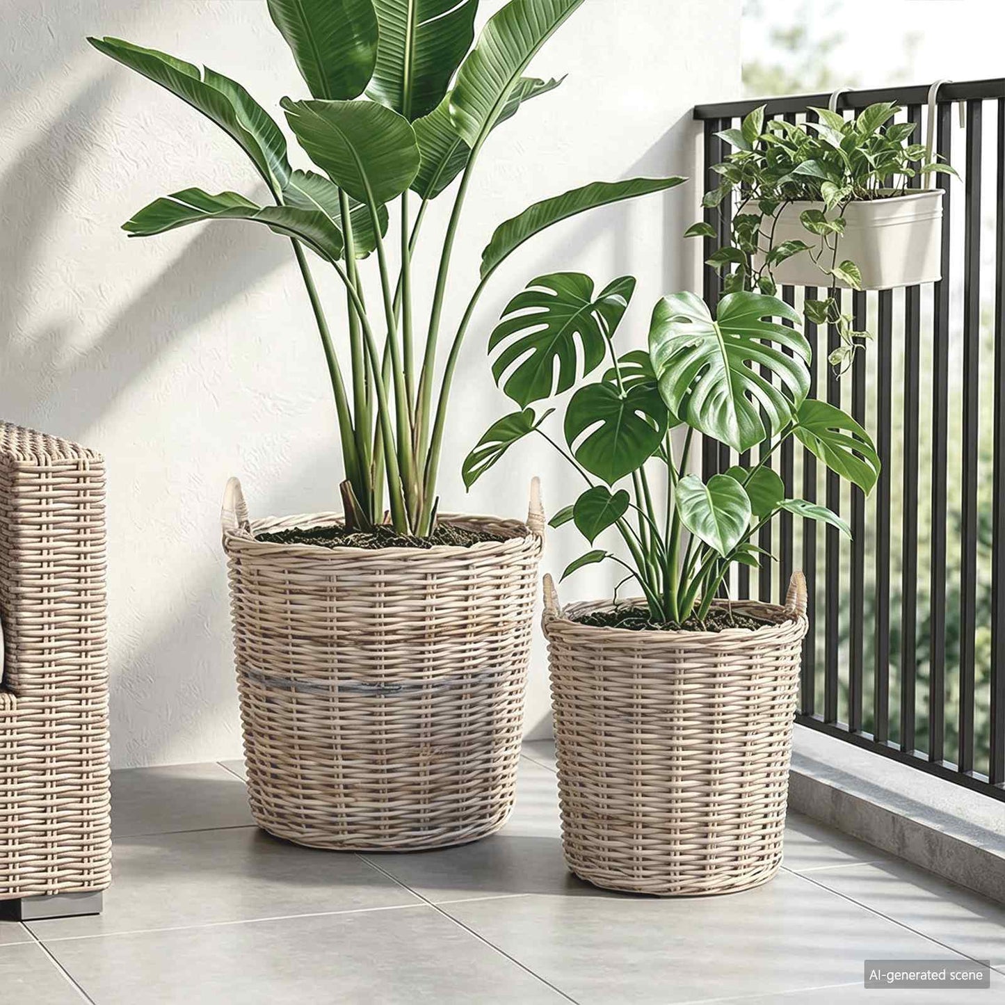 Cestino per piante 2 pz Grigio naturale Rattan Kubu