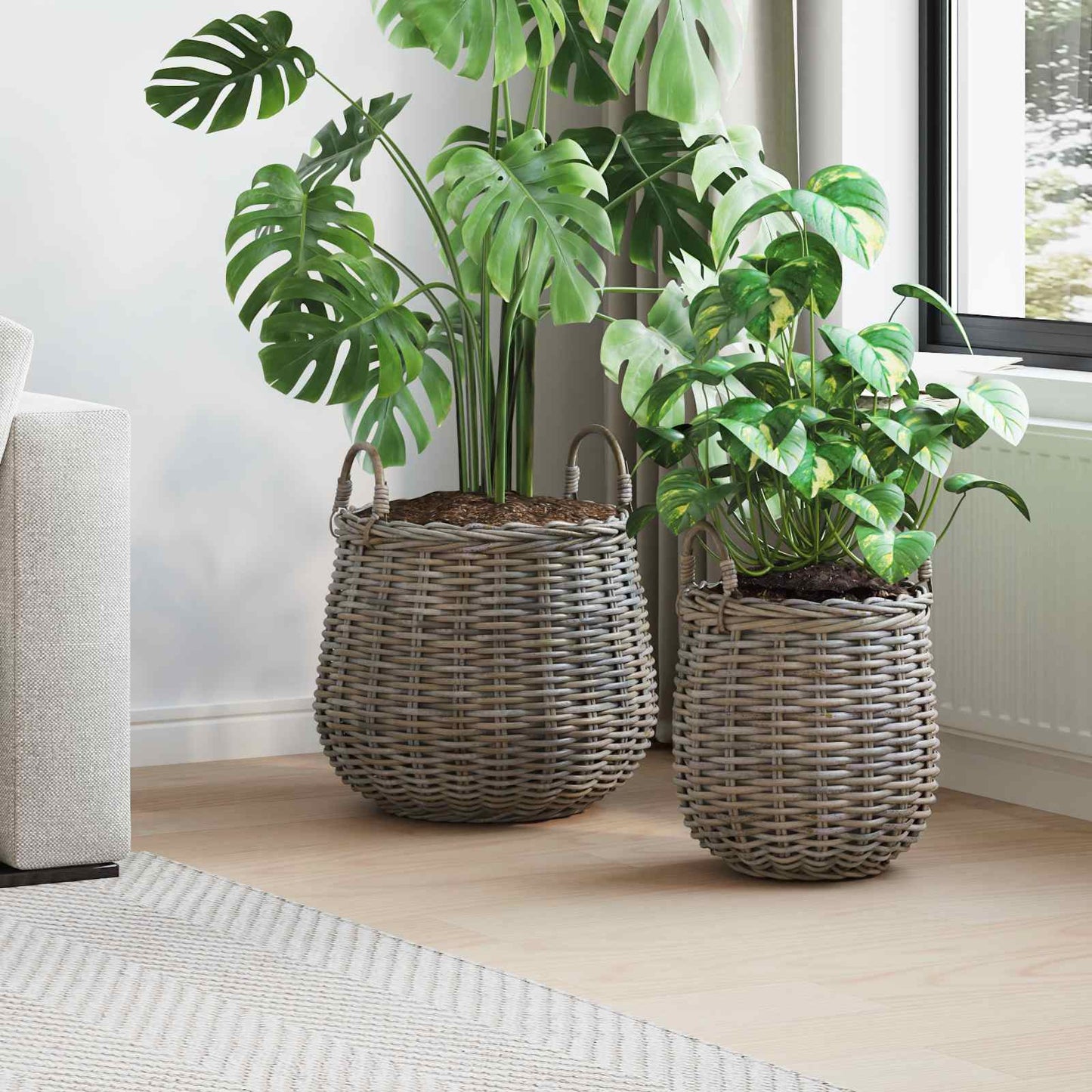 Cestino per piante con archiviazione 2 pcs Grigio Rattan Lacak | homemem39