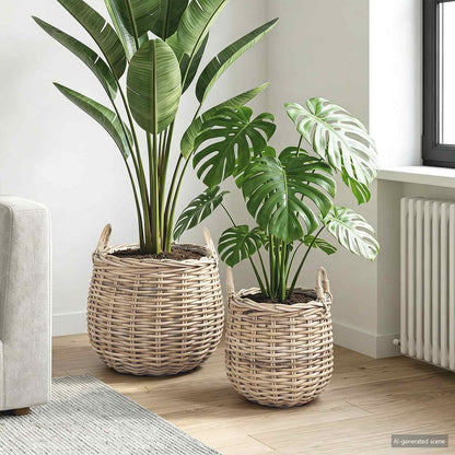 Cestino per piante 2 pz Grigio naturale Rattan Kubu