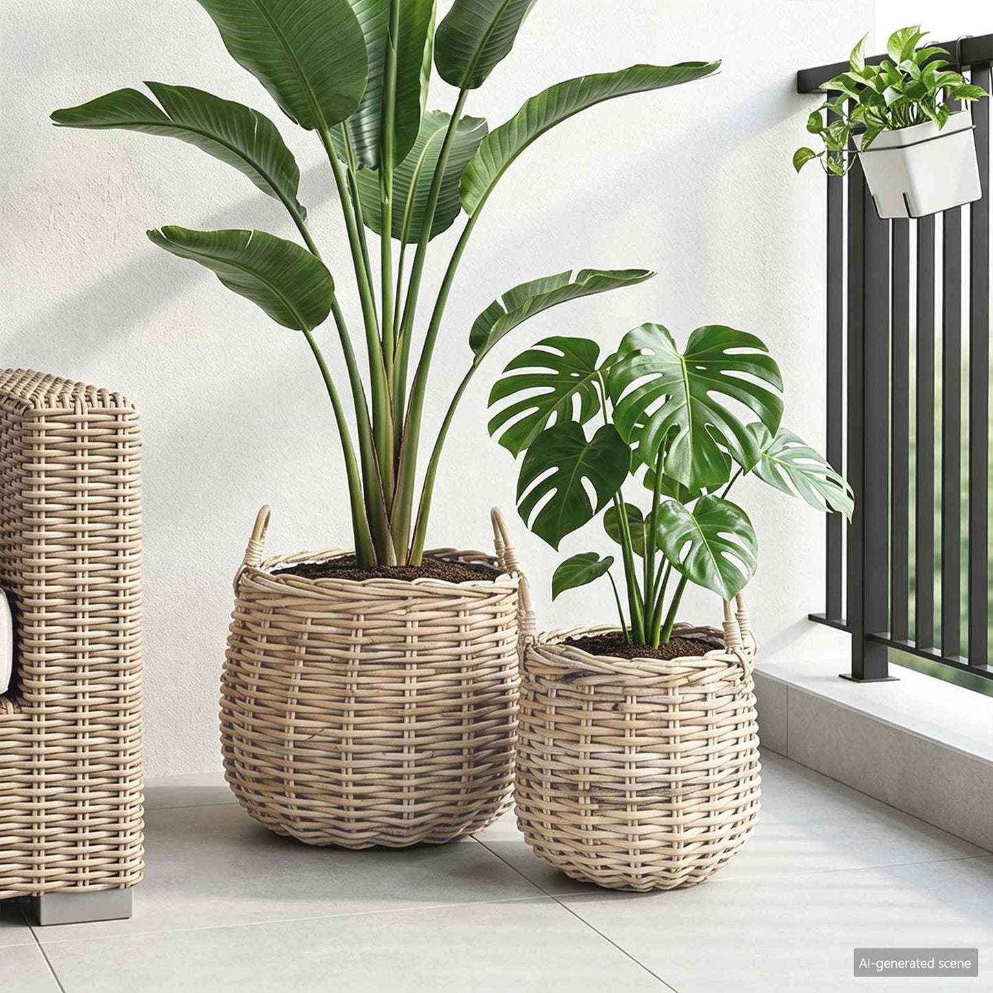 Cestino per piante 2 pz Grigio naturale Rattan Kubu