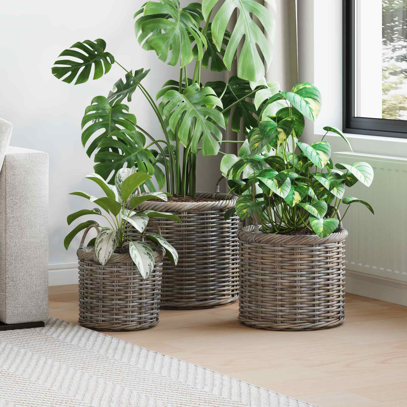 Cesto per Piante 3 pcs Grigio Kubu Rattan Kubu | homemem39