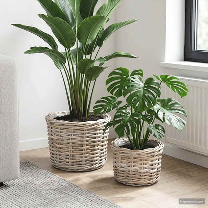 Cestino per Piante 2 pz Grigio naturale Rattan Kubu