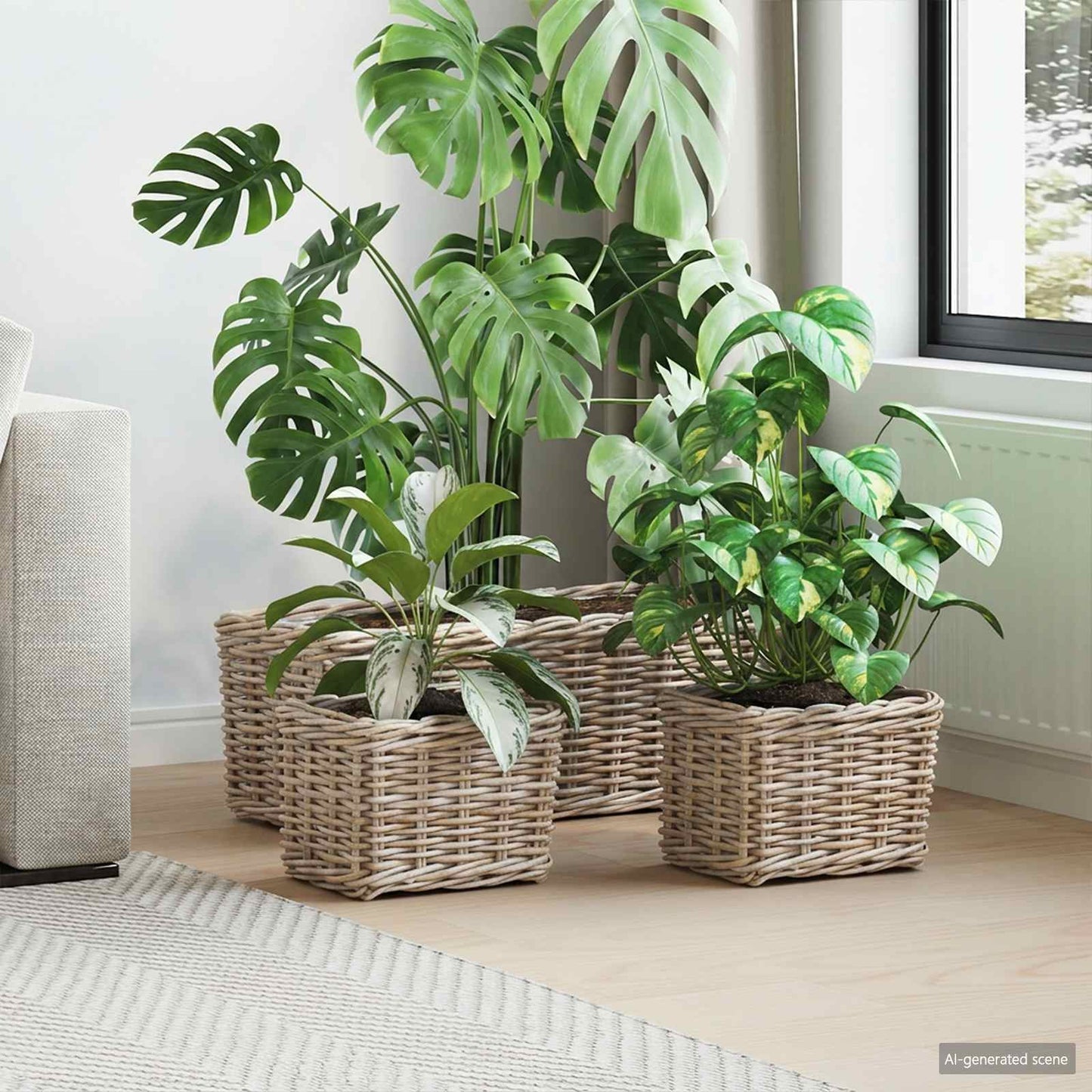 Cestino da Vaso 3 pz Grigio naturale Rattan Kubu