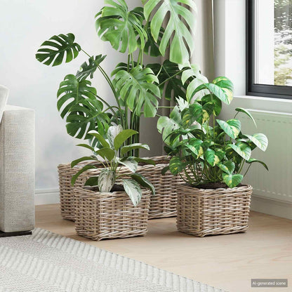 Cestino da Vaso 3 pz Grigio naturale Rattan Kubu