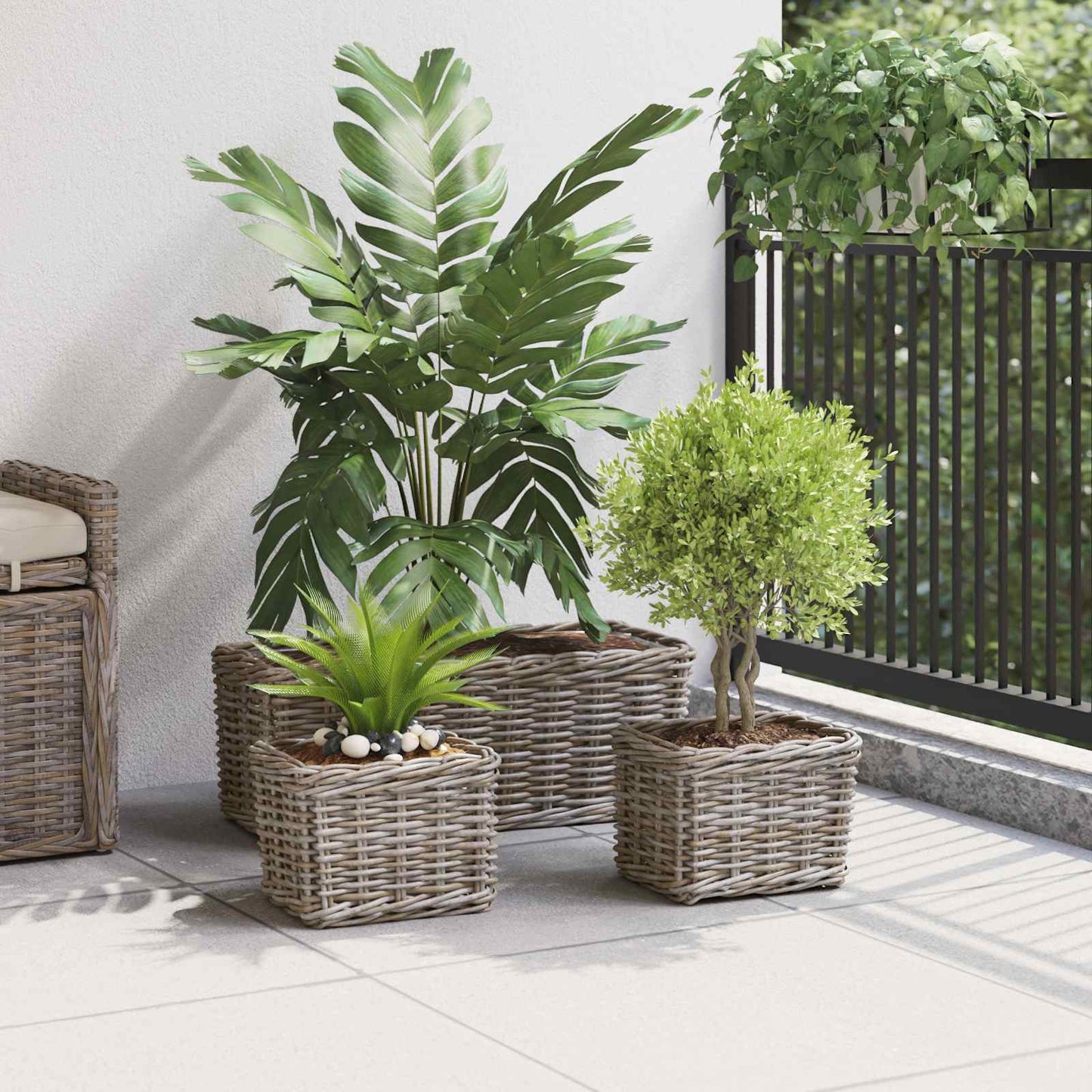 Cestino da Vaso con archiviazione 3 pcs Grigio Rattan Kubu | homemem39