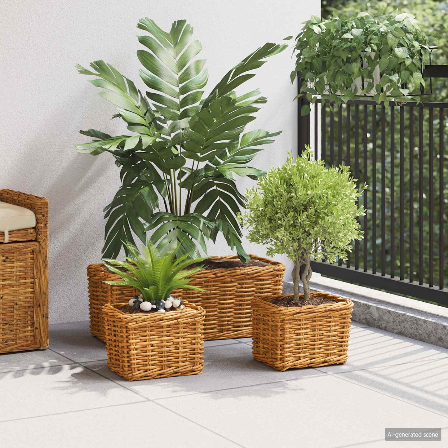Cestino da Vaso 3 pz Marrone Naturale Rattan Kubu