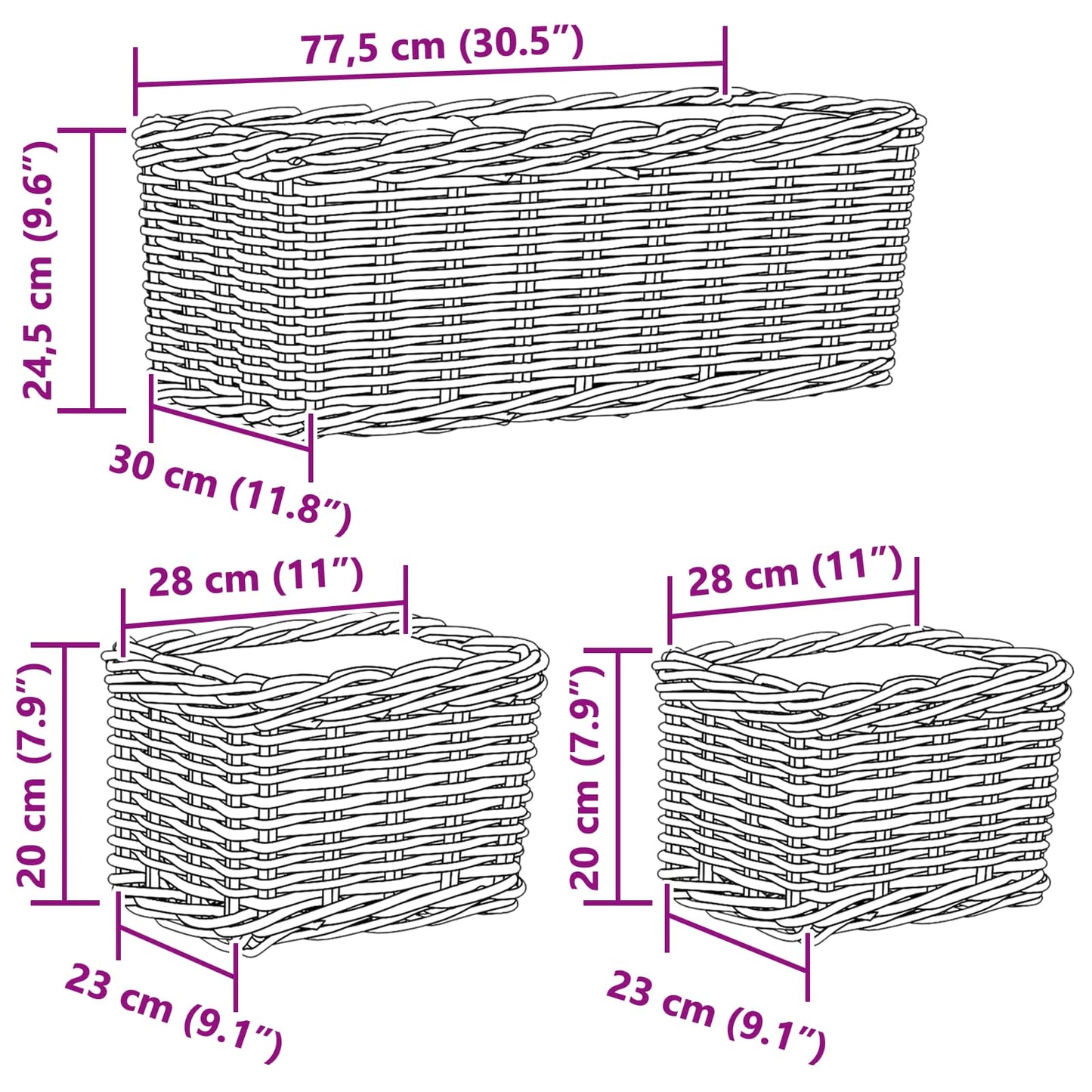 Cestino da Vaso con archiviazione 3 pcs Marrone Rattan Kubu | homemem39