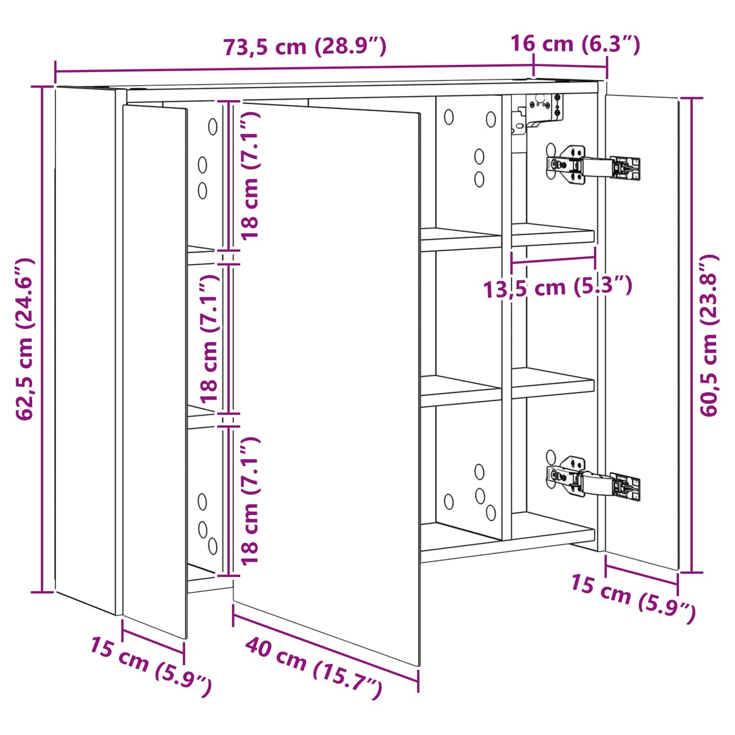 Mobiletto per specchio da bagno Rovere fumé 73,5 x 16 x 62,5 cm