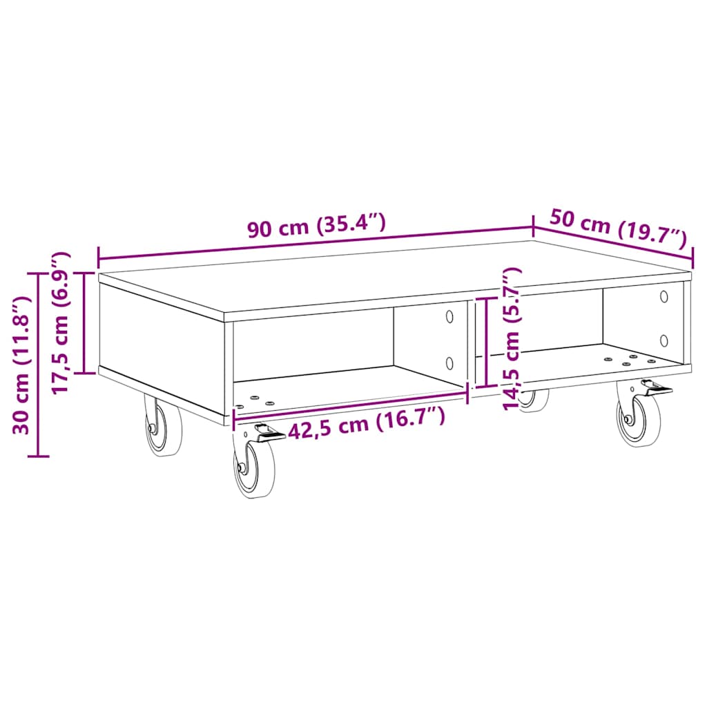 Tavolino con Ruote Bianco 90 x 50 x 30 cm Legno multistrato