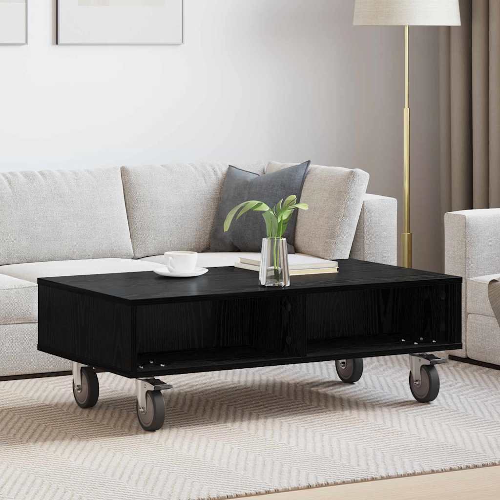 Tavolino con Ruote Rovere Nero 90 x 50 x 30 cm