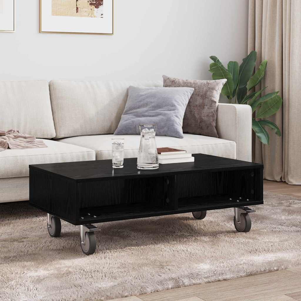 Tavolino con Ruote Rovere Nero 90 x 50 x 30 cm