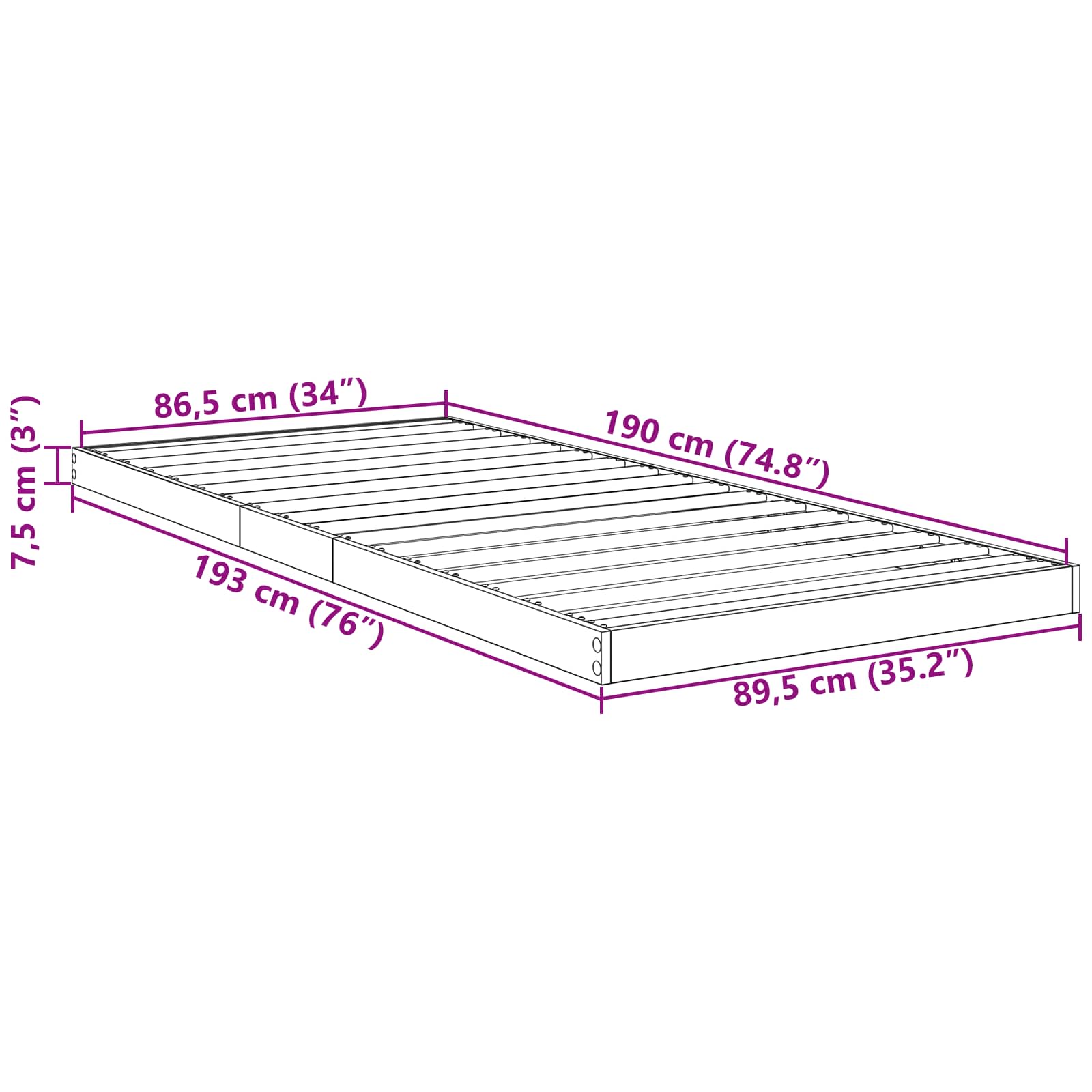 Struttura letto a terra Grigio Sonoma 90 x 190 cm | homemem39