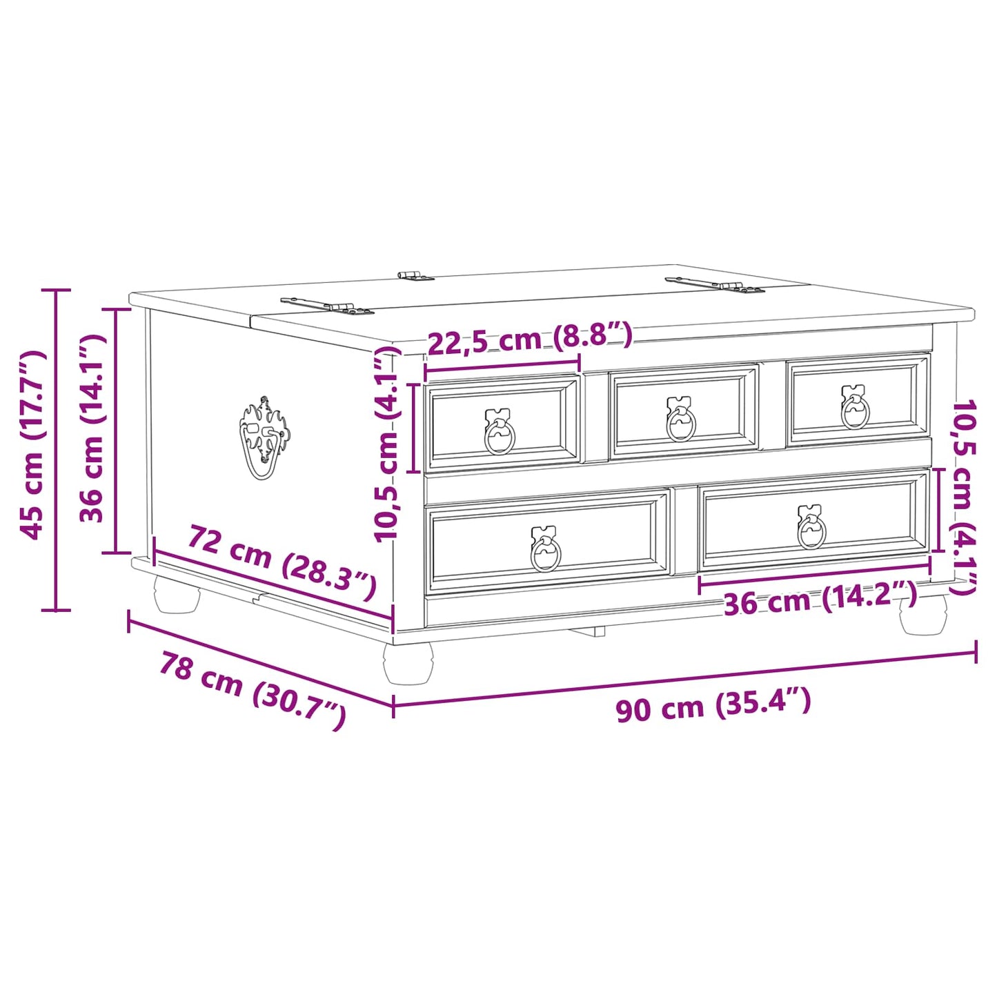 storage box con cassetto Bianco 90 x 78 x 45 cm Pino massello