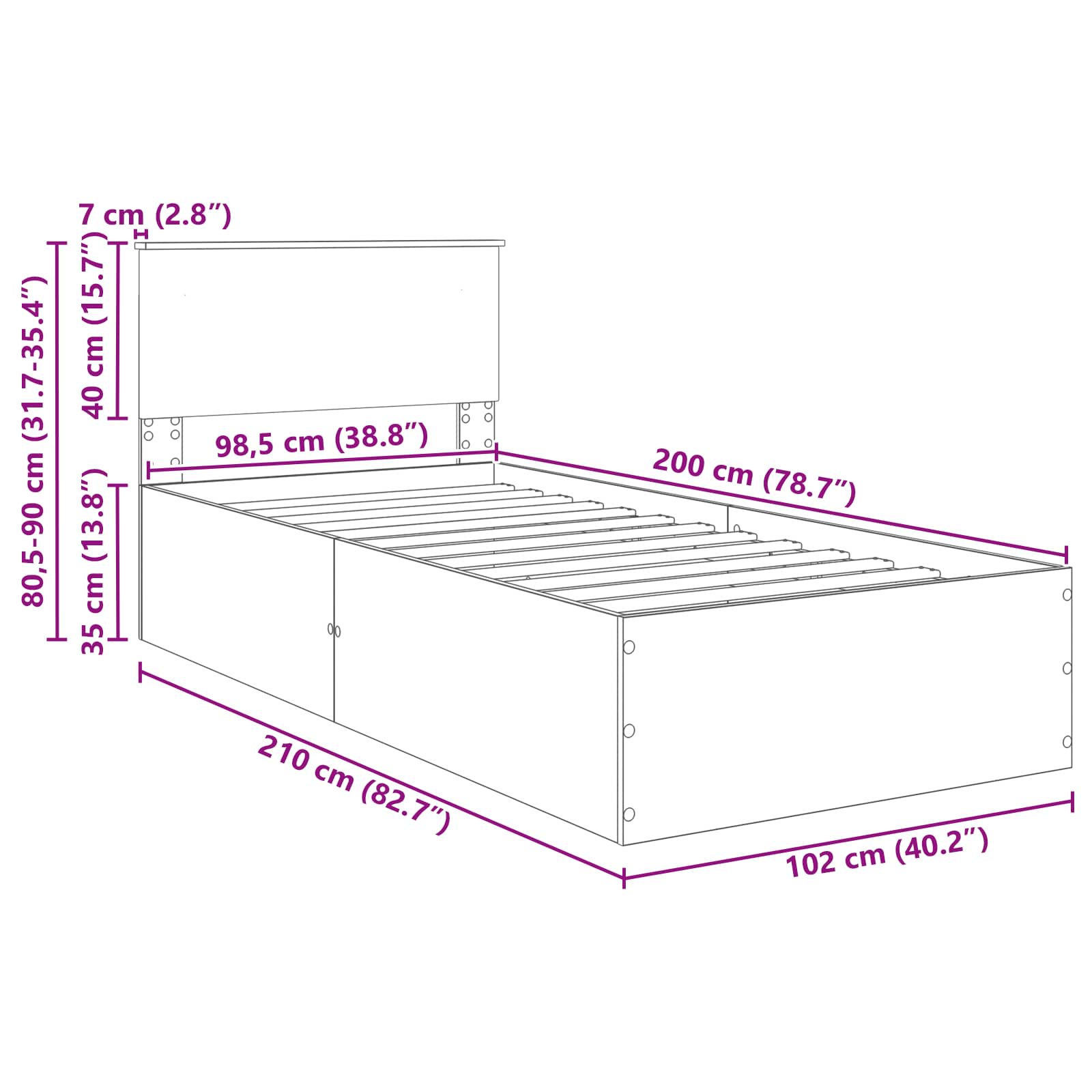 Struttura del letto con testiera Grigio Sonoma 100 x 200 cm | homemem39
